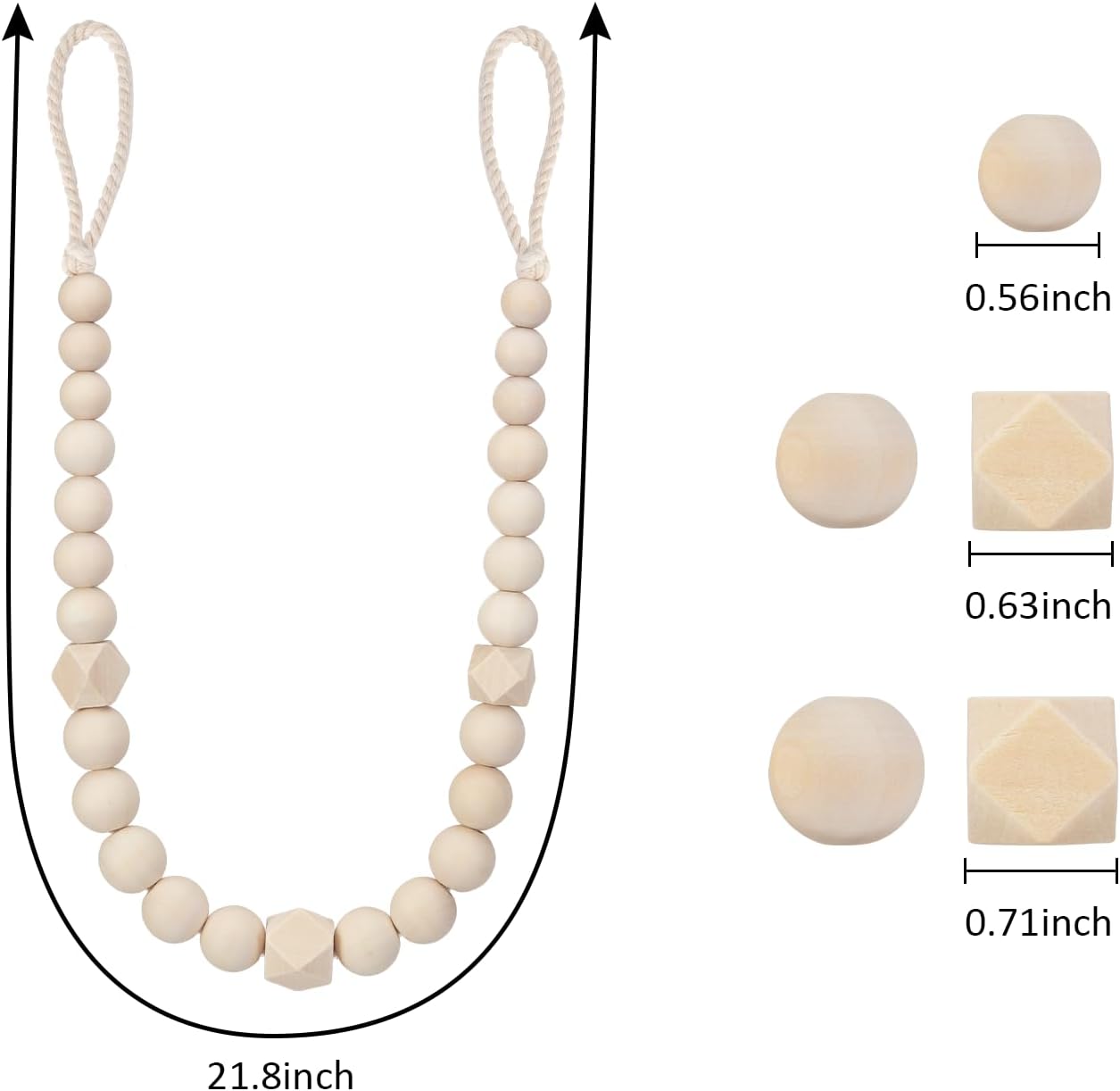 Wood Bead Curtain Tiebacks, KLOGTSIND Set of 2 Curtain Holdbacks for Thin or Thick Window Draperies, Boho Farmhouse Curtain Tiebacks with Hooks, Curtain Tie Backs for Home Office Room Decor
