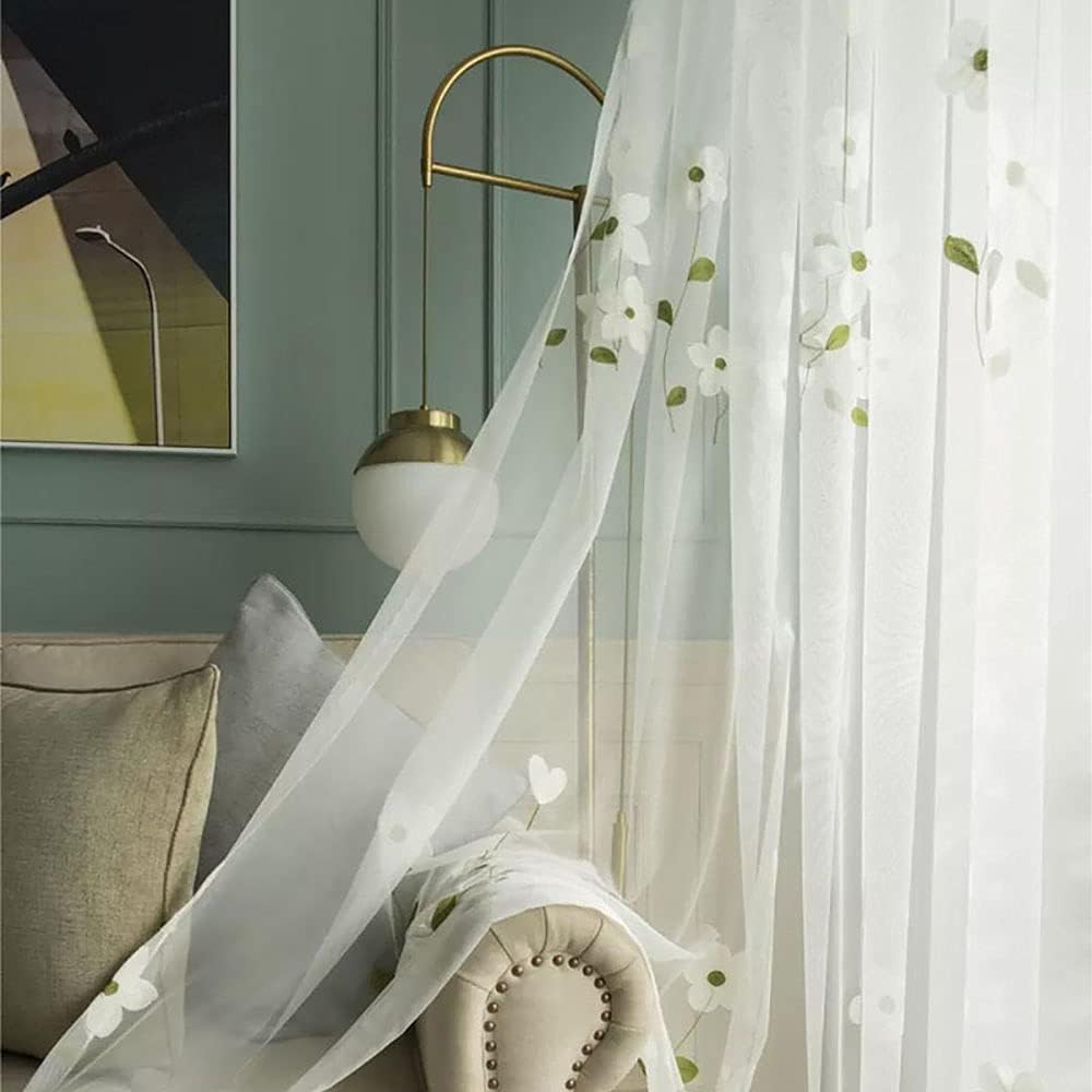 SLOW SOUL Set of 2 Panels White Magnolia Flower Embroidered Sheer Curtains for Bedroom Living Dining Room Window Treatments Drapes Villa Lace Curtain Voile Rod Pocket 52W X 90L inch