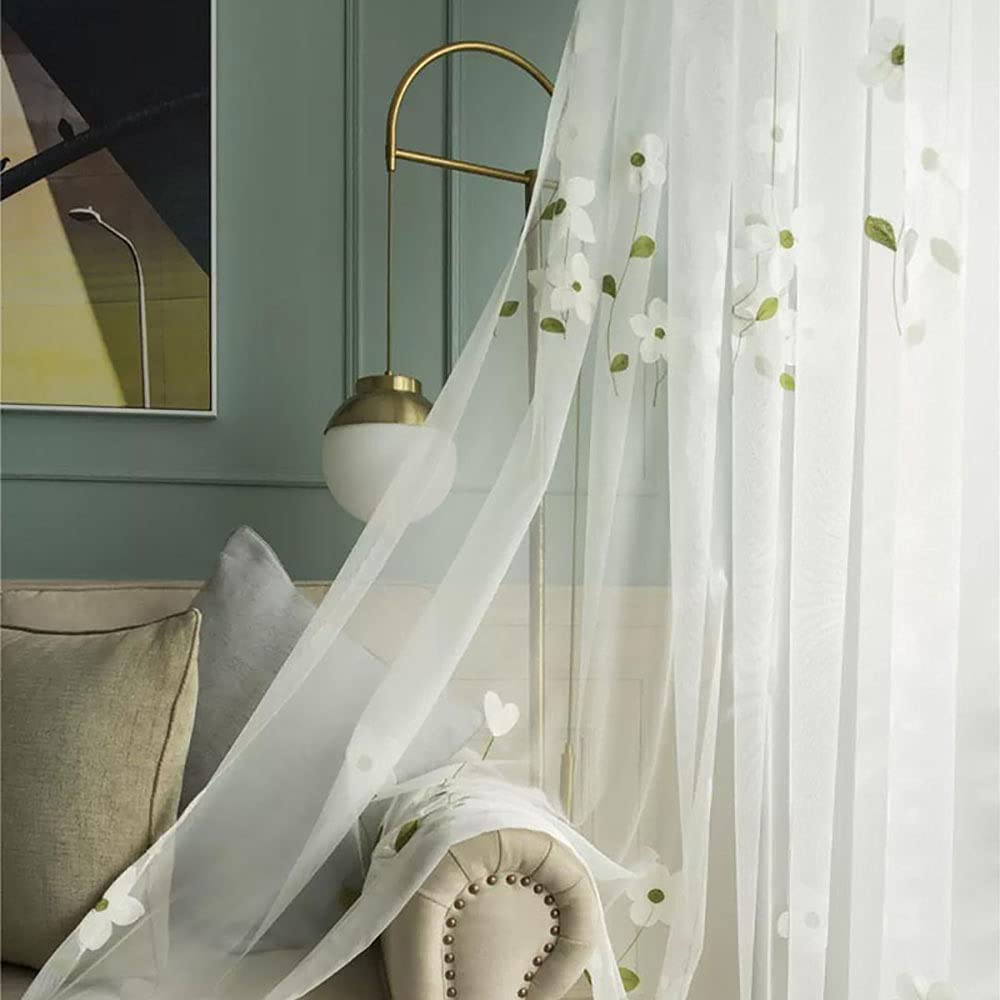 SLOW SOUL Set of 2 Panels White Magnolia Flower Embroidered Sheer Curtains for Bedroom Living Dining Room Window Treatments Drapes Villa Lace Curtain Voile Rod Pocket 52W X 90L inch
