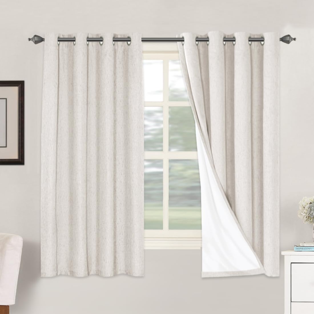 H.VERSAILTEX 100% Blackout Curtains Ivory, Linen Blackout Curtains 96 inch Curtains 2 Panel Set, Elegant Curtain for Bedroom Grommet Drapes for Living Room