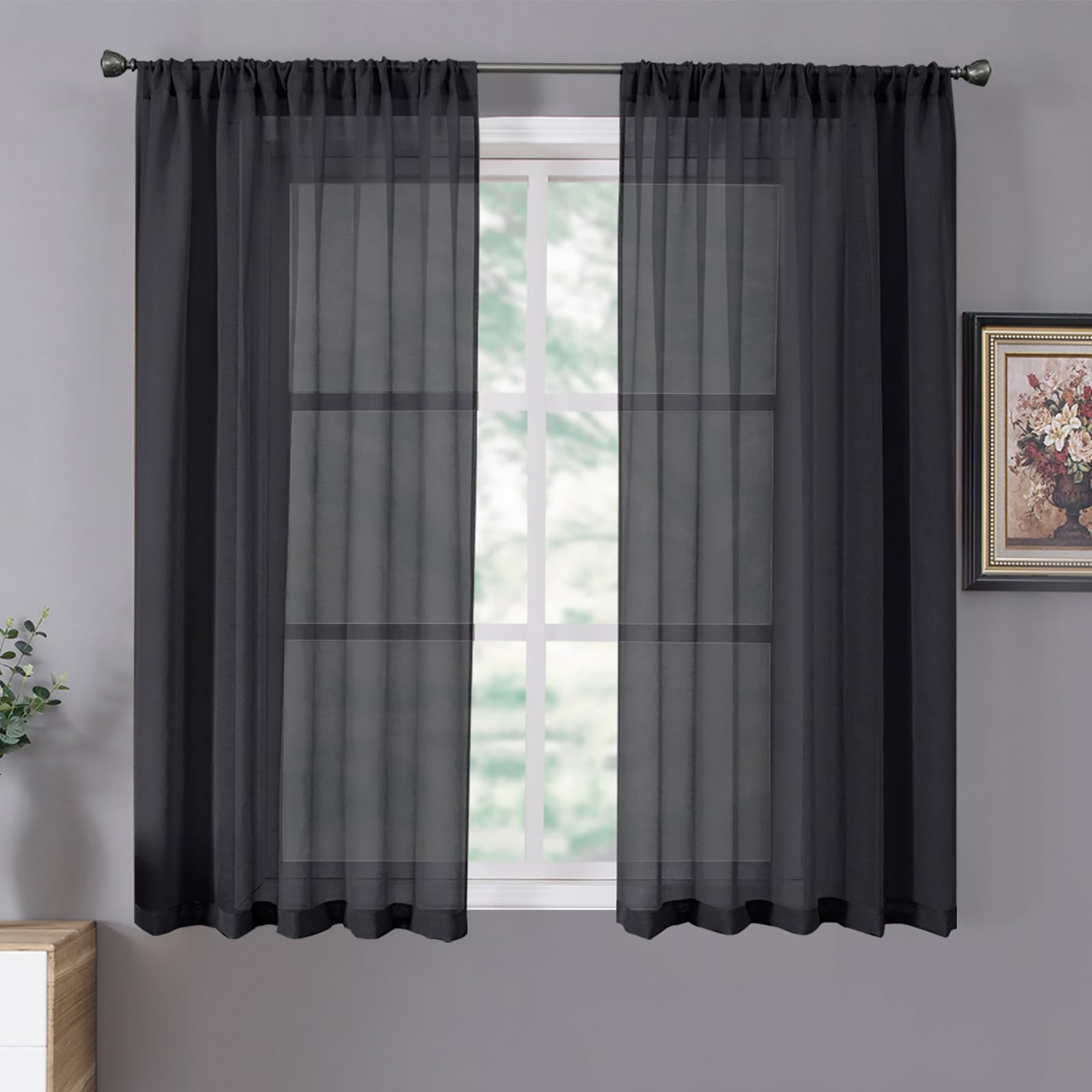 Tollpiz Short Sheer Curtains Linen Textured Bedroom Curtain Sheers Light Filtering Rod Pocket Voile Curtains for Living Room, 54 x 45 inches Long, White, Set of 2 Panels