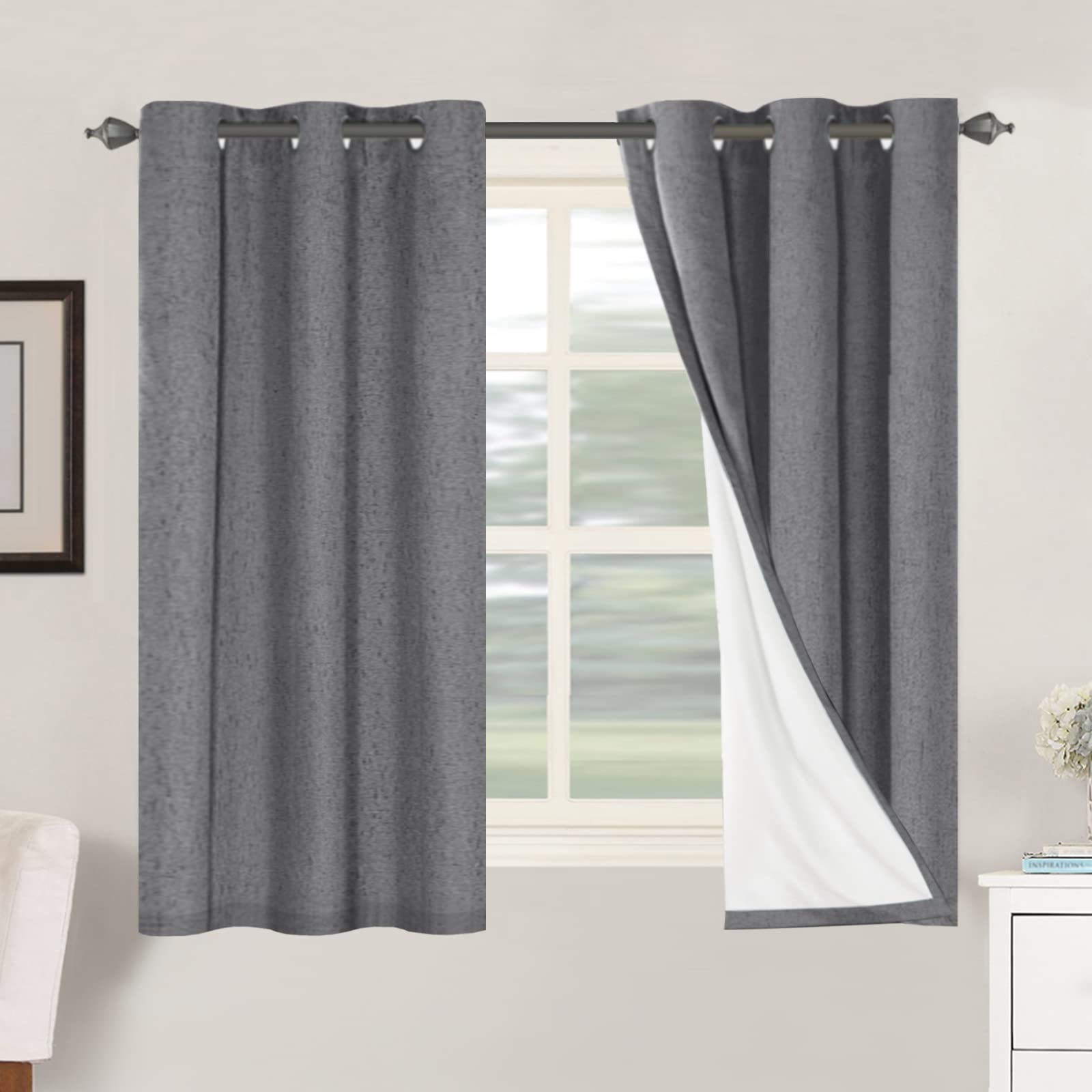 H.VERSAILTEX 100% Blackout Curtains Ivory, Linen Blackout Curtains 96 inch Curtains 2 Panel Set, Elegant Curtain for Bedroom Grommet Drapes for Living Room