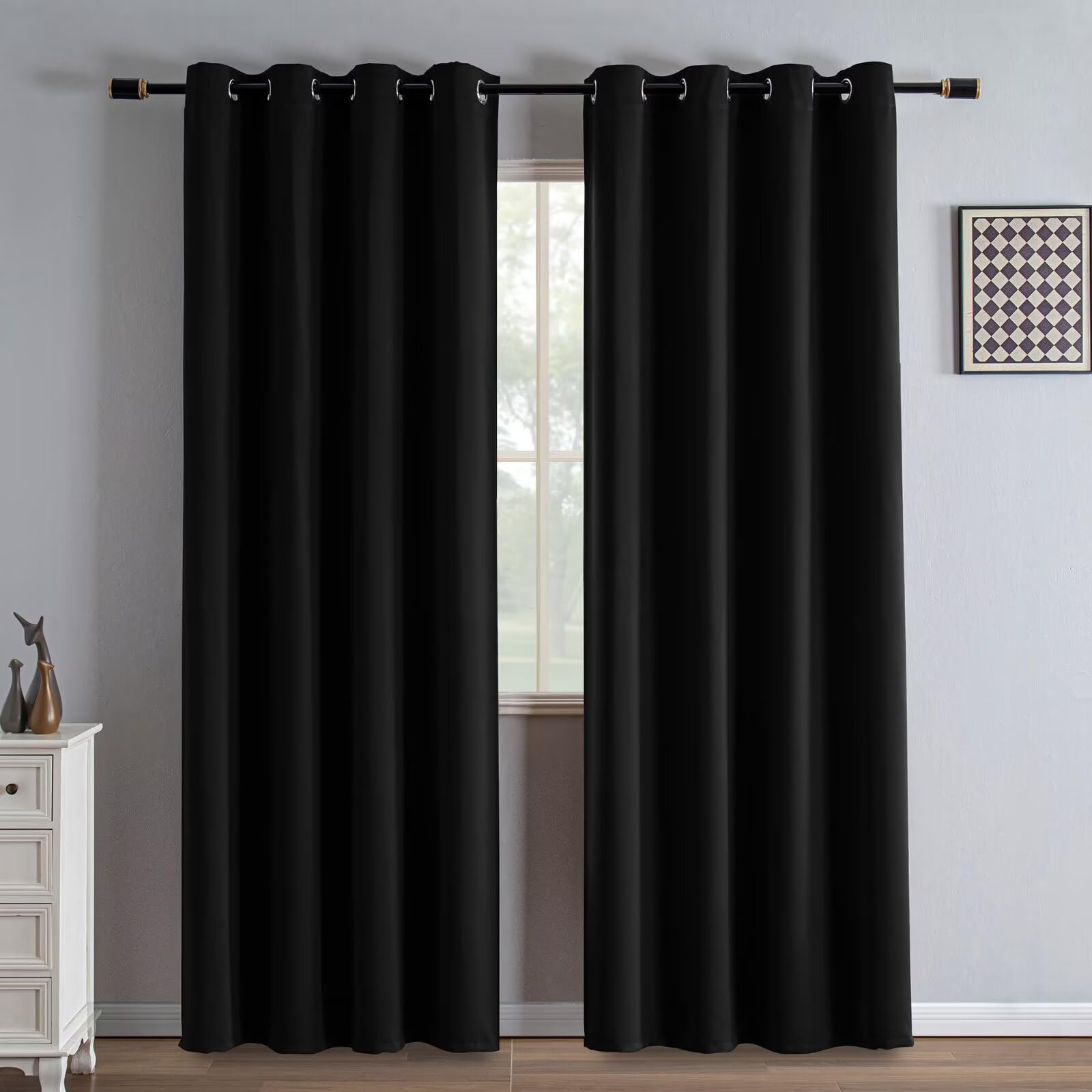 IGEMAEVE Black 100% Blackout Curtains 84 Inch Length 2 Panels Set, Black Out Curtains for Bedroom 84 Inch Long, Rod Pocket Energy Saving Room Darkening Drapes for Living Room Dining Room Window