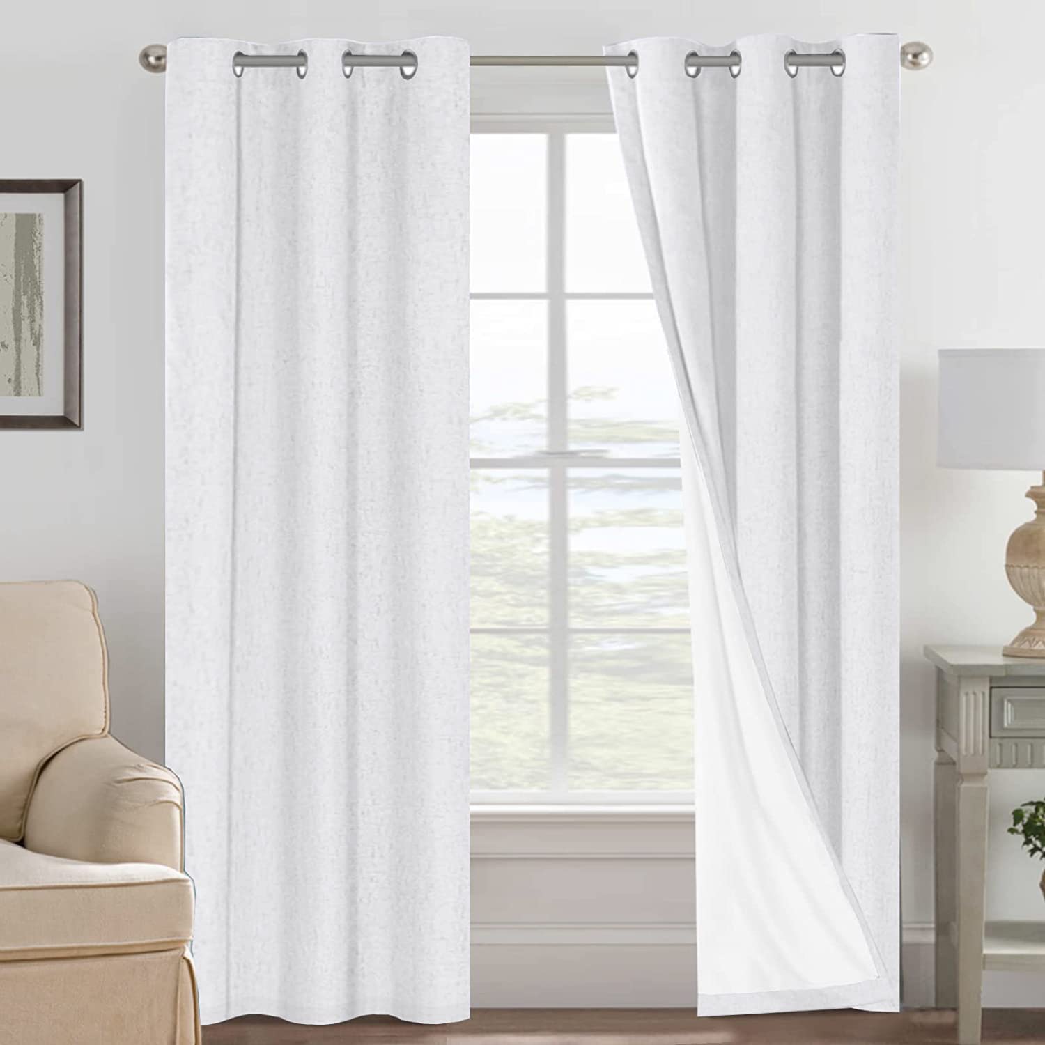 H.VERSAILTEX 100% Blackout Curtains Ivory, Linen Blackout Curtains 96 inch Curtains 2 Panel Set, Elegant Curtain for Bedroom Grommet Drapes for Living Room