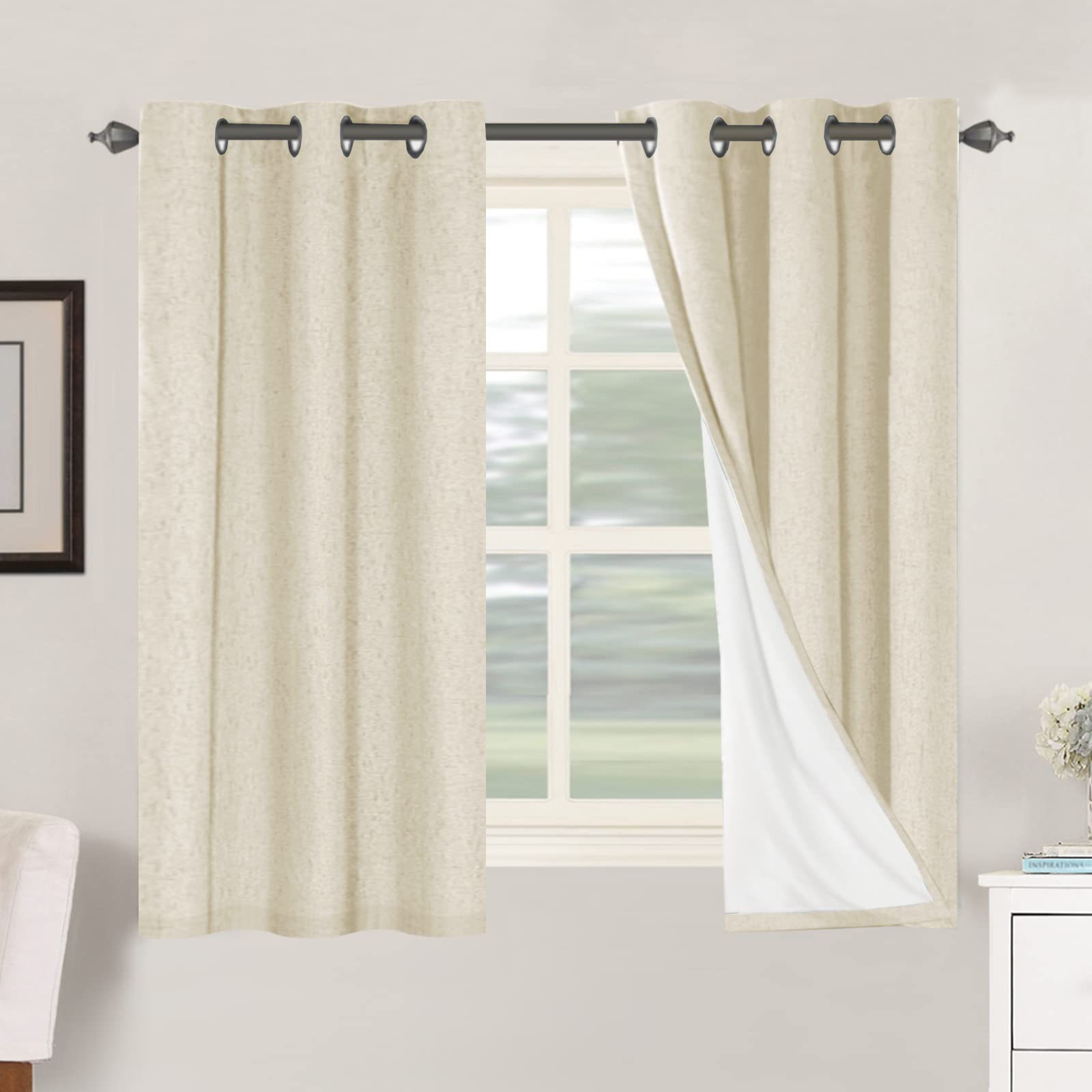 H.VERSAILTEX 100% Blackout Curtains Ivory, Linen Blackout Curtains 96 inch Curtains 2 Panel Set, Elegant Curtain for Bedroom Grommet Drapes for Living Room