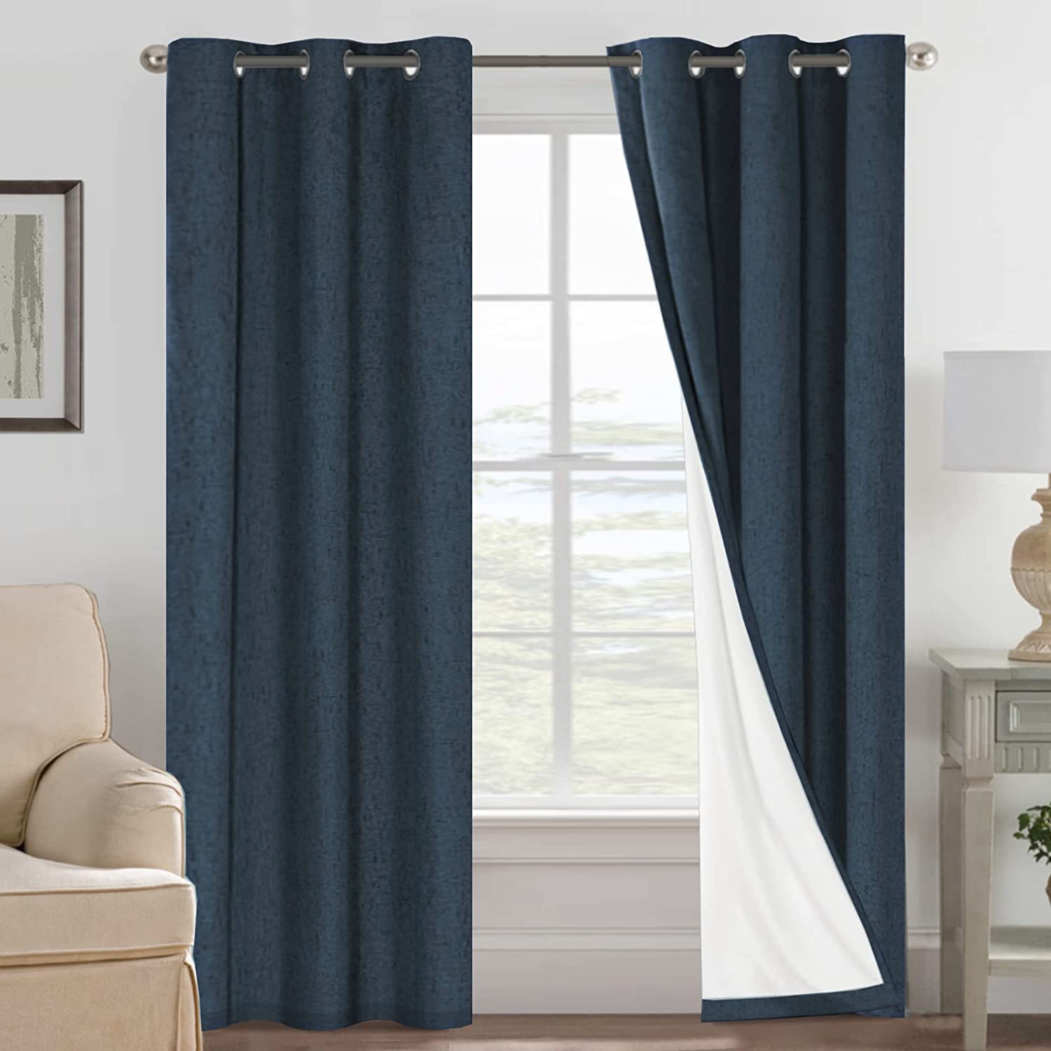 H.VERSAILTEX 100% Blackout Curtains Ivory, Linen Blackout Curtains 96 inch Curtains 2 Panel Set, Elegant Curtain for Bedroom Grommet Drapes for Living Room