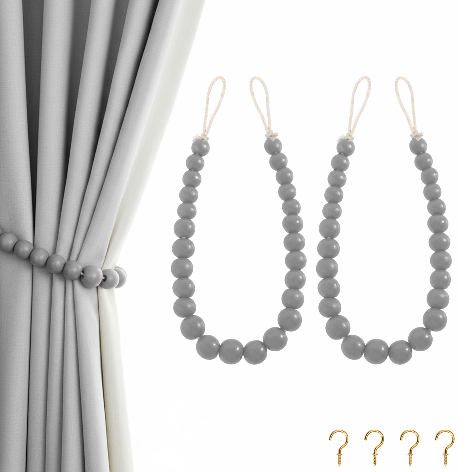 Hion 2 Pcs Boho Curtain Tiebacks,Wood Beads Curtain Holdbacks,Outdoor Farmhouse Tie Backs for Curtains,Curtain Holders for Drapes Home Office Decor with Hooks(Wood Color)