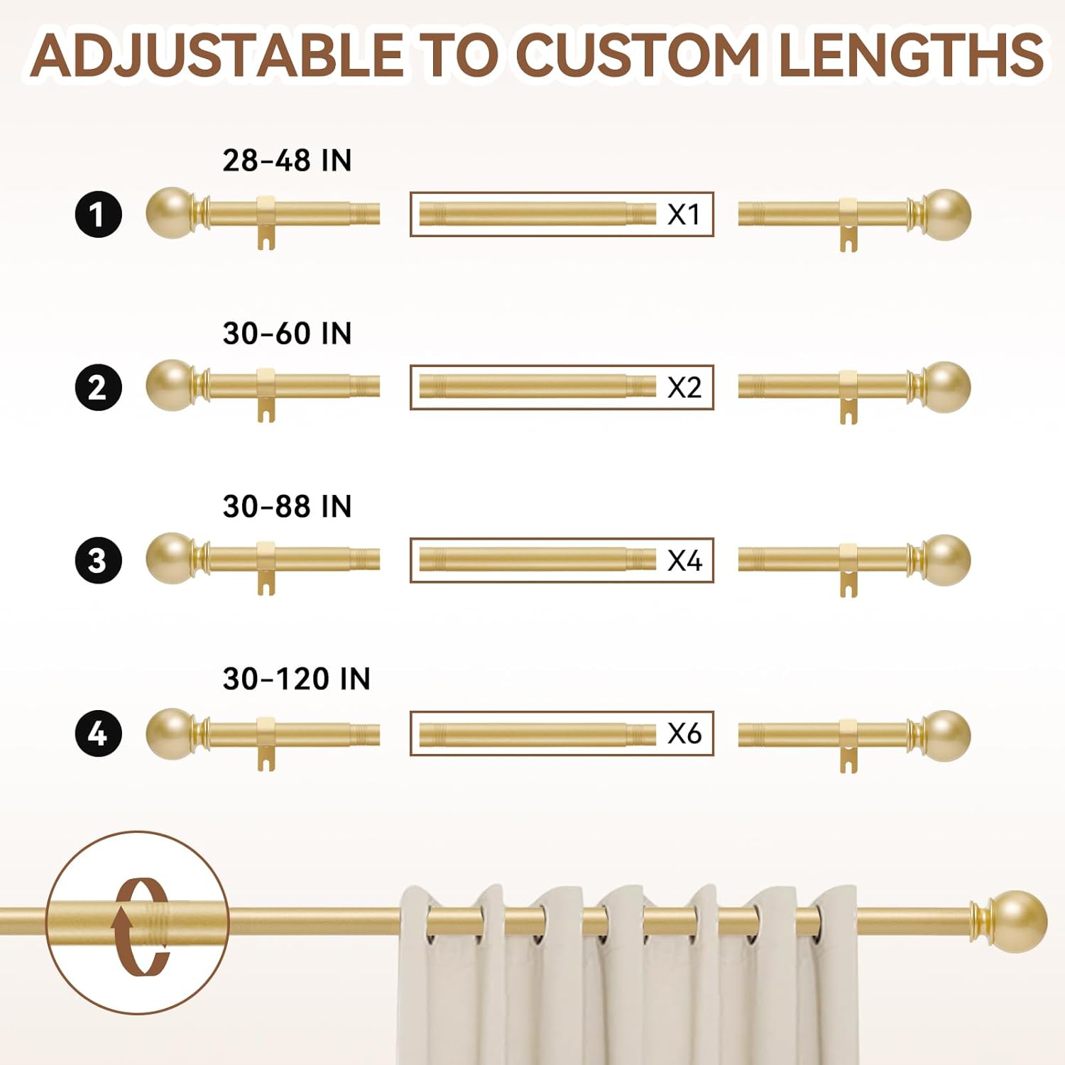 Gold Curtain Rod for Windows 28 to 48 Inch,2 Pack 5/8 Inch Diameter Adjustable Rod With Brackets,Heavy Duty Easy to Install Outdoor Curtain Rods for Bedroom,Patio