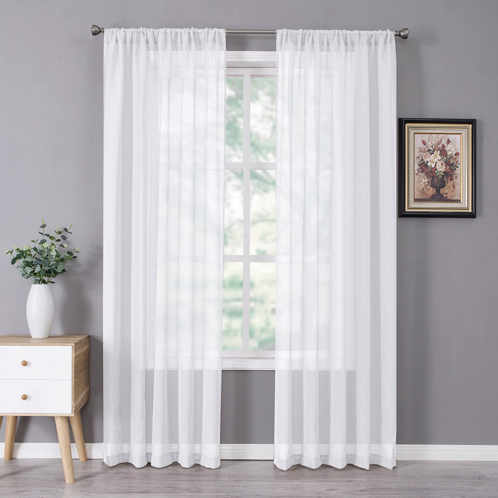Tollpiz Short Sheer Curtains Linen Textured Bedroom Curtain Sheers Light Filtering Rod Pocket Voile Curtains for Living Room, 54 x 45 inches Long, White, Set of 2 Panels
