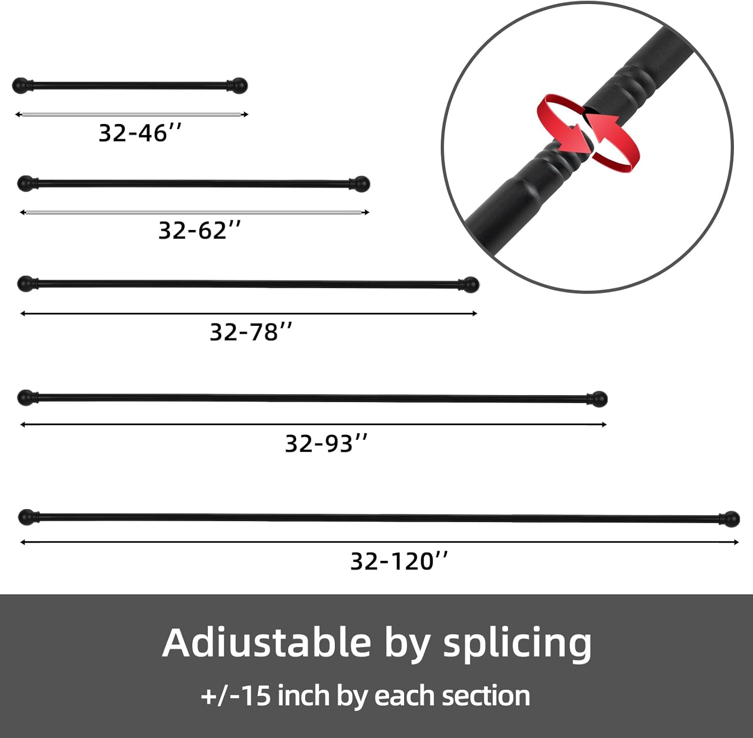 GXOACKJ 2 Pack Black Curtain Rods for windows 32 to 48 inch, 5/8 inch Splicing Heavy Duty Metal Curtain Rod Set with Brackets