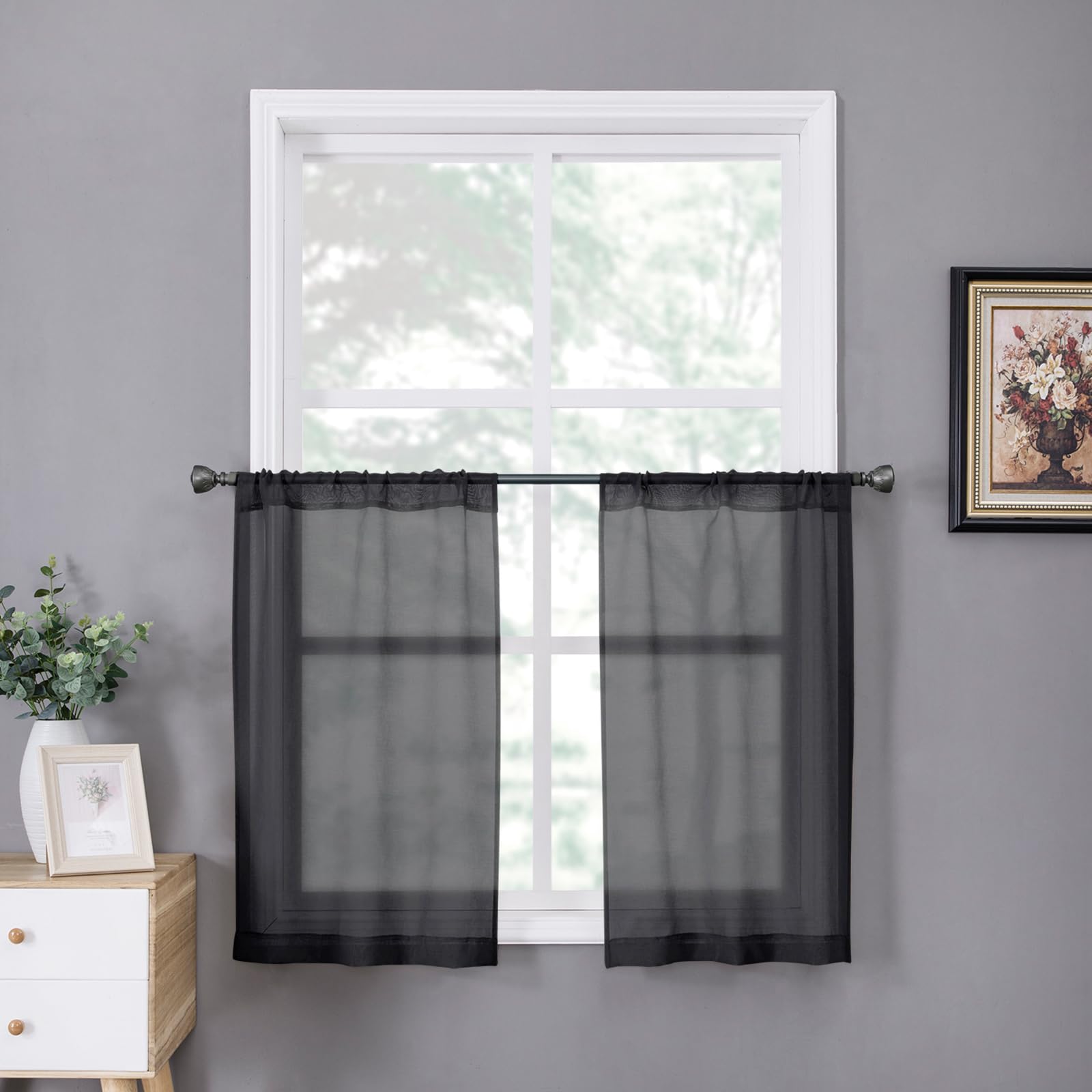 Tollpiz Short Sheer Curtains Linen Textured Bedroom Curtain Sheers Light Filtering Rod Pocket Voile Curtains for Living Room, 54 x 45 inches Long, White, Set of 2 Panels