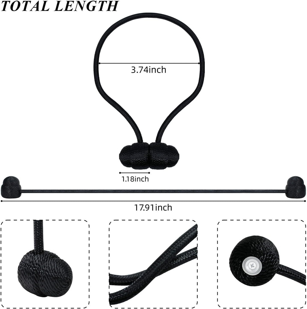 Tifanso Black Magnetic Curtain Tiebacks - 4pcs Decorative Curtain Tie Backs, No Drill Closure Drapery Tiebacks Holdbacks, Boho Drapes Straps Ropes for Bedroom, Bathroom, Farmhouse Decor