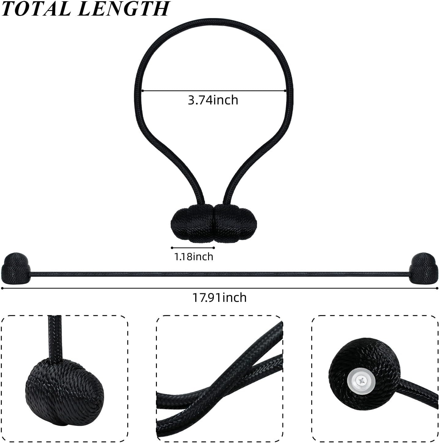 Tifanso Black Magnetic Curtain Tiebacks - 4pcs Decorative Curtain Tie Backs, No Drill Closure Drapery Tiebacks Holdbacks, Boho Drapes Straps Ropes for Bedroom, Bathroom, Farmhouse Decor