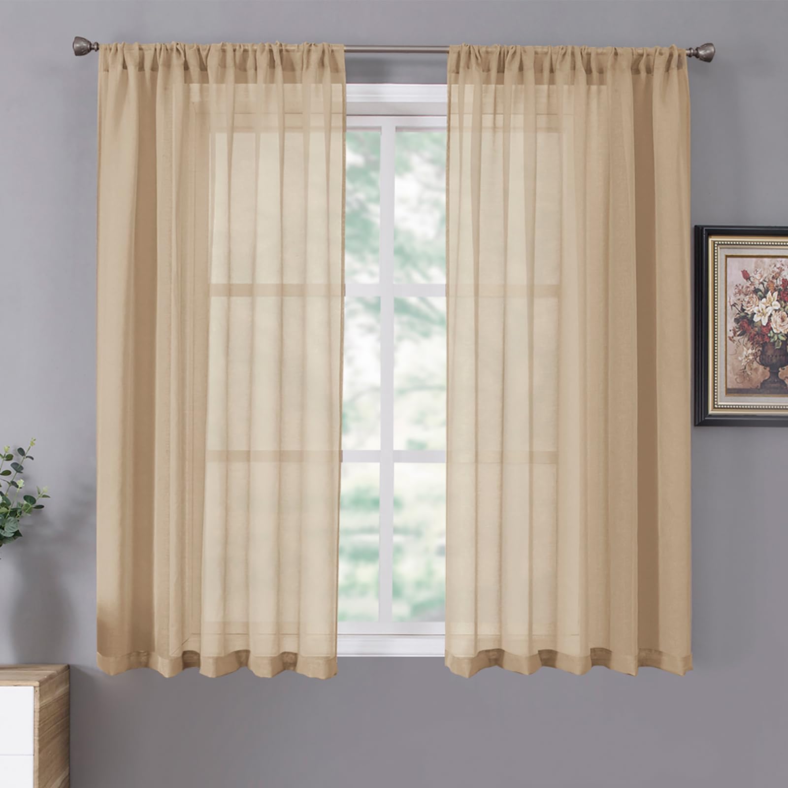 Tollpiz Short Sheer Curtains Linen Textured Bedroom Curtain Sheers Light Filtering Rod Pocket Voile Curtains for Living Room, 54 x 45 inches Long, White, Set of 2 Panels