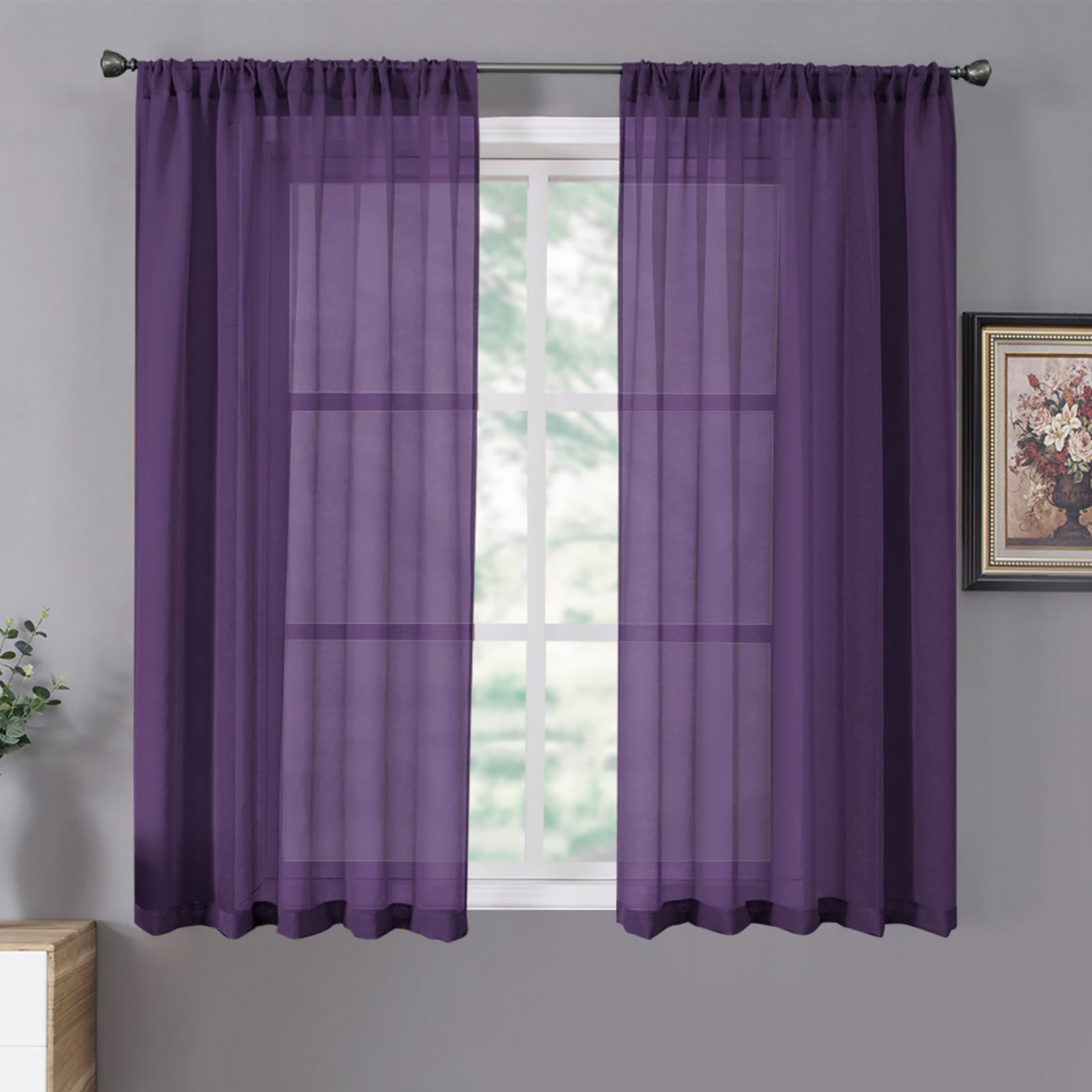 Tollpiz Short Sheer Curtains Linen Textured Bedroom Curtain Sheers Light Filtering Rod Pocket Voile Curtains for Living Room, 54 x 45 inches Long, White, Set of 2 Panels