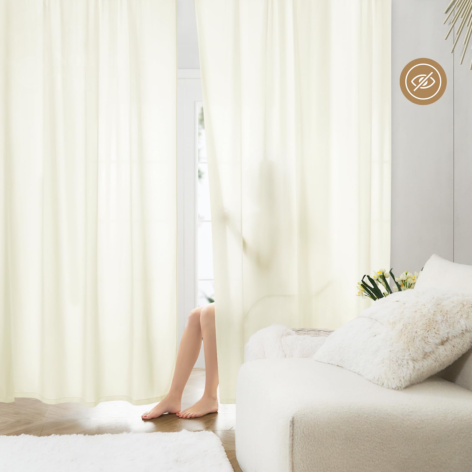 HOMEIDEAS Non-See-Through White Privacy Sheer Curtains 52 X 84 Inches Long 2 Panels Sheer Curtains Light Filtering Window Curtains Drapes for Bedroom Living Room
