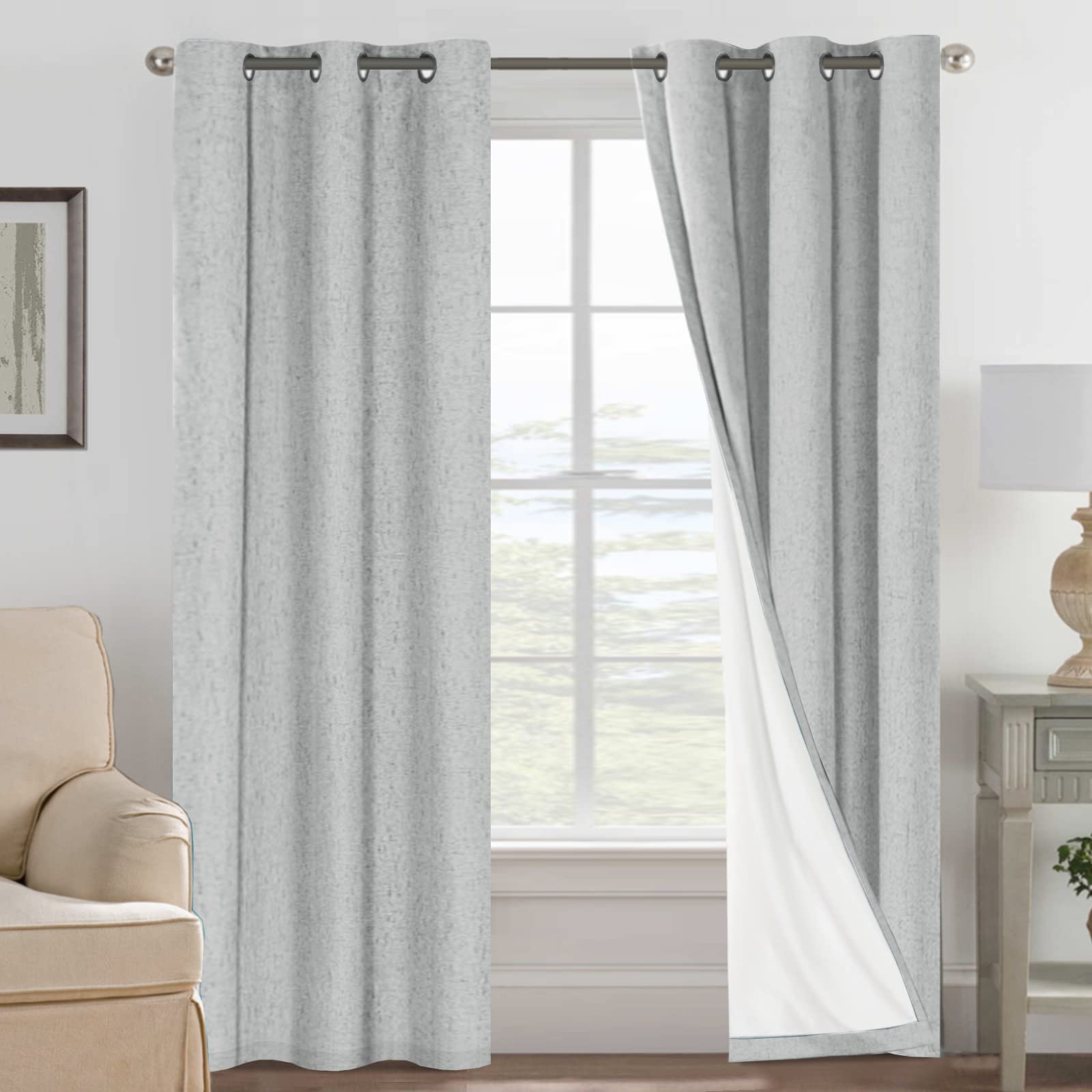 H.VERSAILTEX 100% Blackout Curtains Ivory, Linen Blackout Curtains 96 inch Curtains 2 Panel Set, Elegant Curtain for Bedroom Grommet Drapes for Living Room