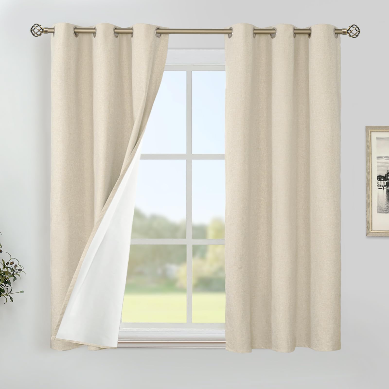 YoungsTex Linen Blackout Curtains 63 Inches Long for Bedroom, Room Darkening Window Drapes with Grommet Thermal Insulated Black Out for Living Room, 2 Panels, 52 X 63 Inch