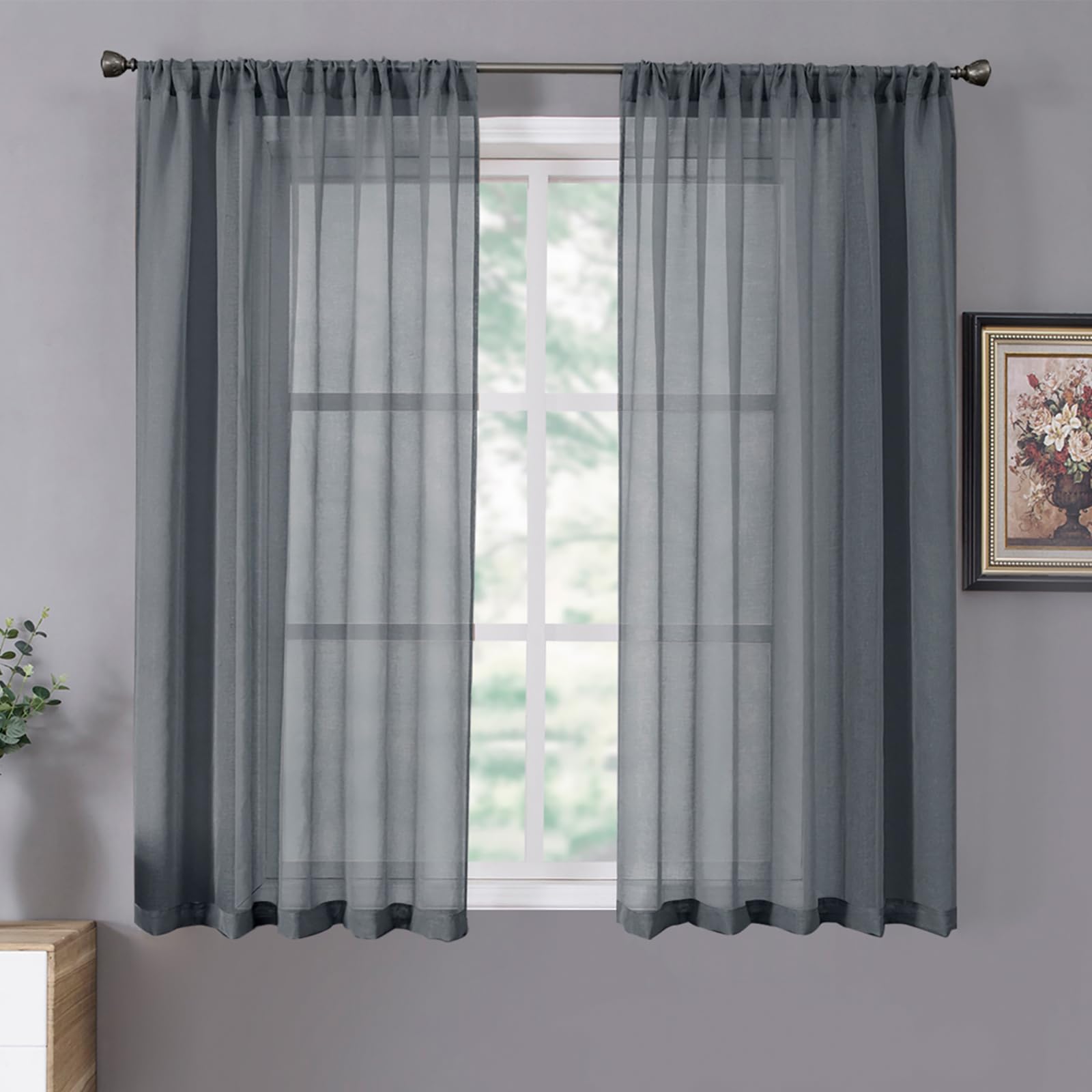 Tollpiz Short Sheer Curtains Linen Textured Bedroom Curtain Sheers Light Filtering Rod Pocket Voile Curtains for Living Room, 54 x 45 inches Long, White, Set of 2 Panels