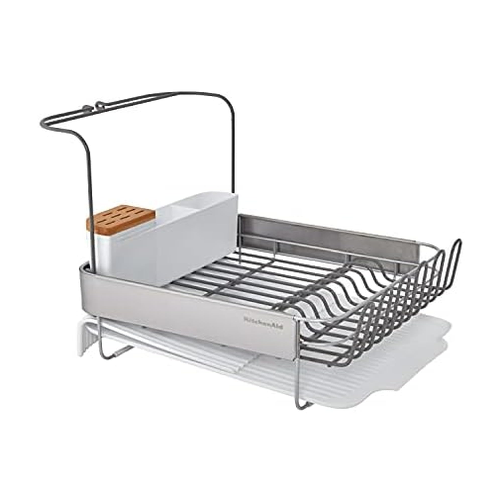 KitchenAid Large Capacity Full Size Rust Resistant Dish Rack with Angled Drain Board and Removable Flatware Caddy, Light Grey
