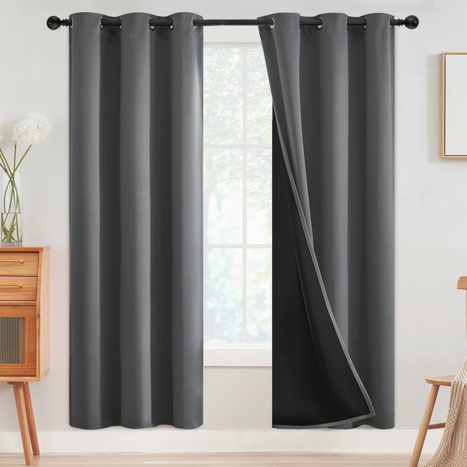 SimpleHome 100% Blackout Curtains for Bedroom,Thermal Insulated Grommet Window Drapes Room Darkening Cream Curtains for Living Room with Black Back,52 x 84 Inch,2 Panels