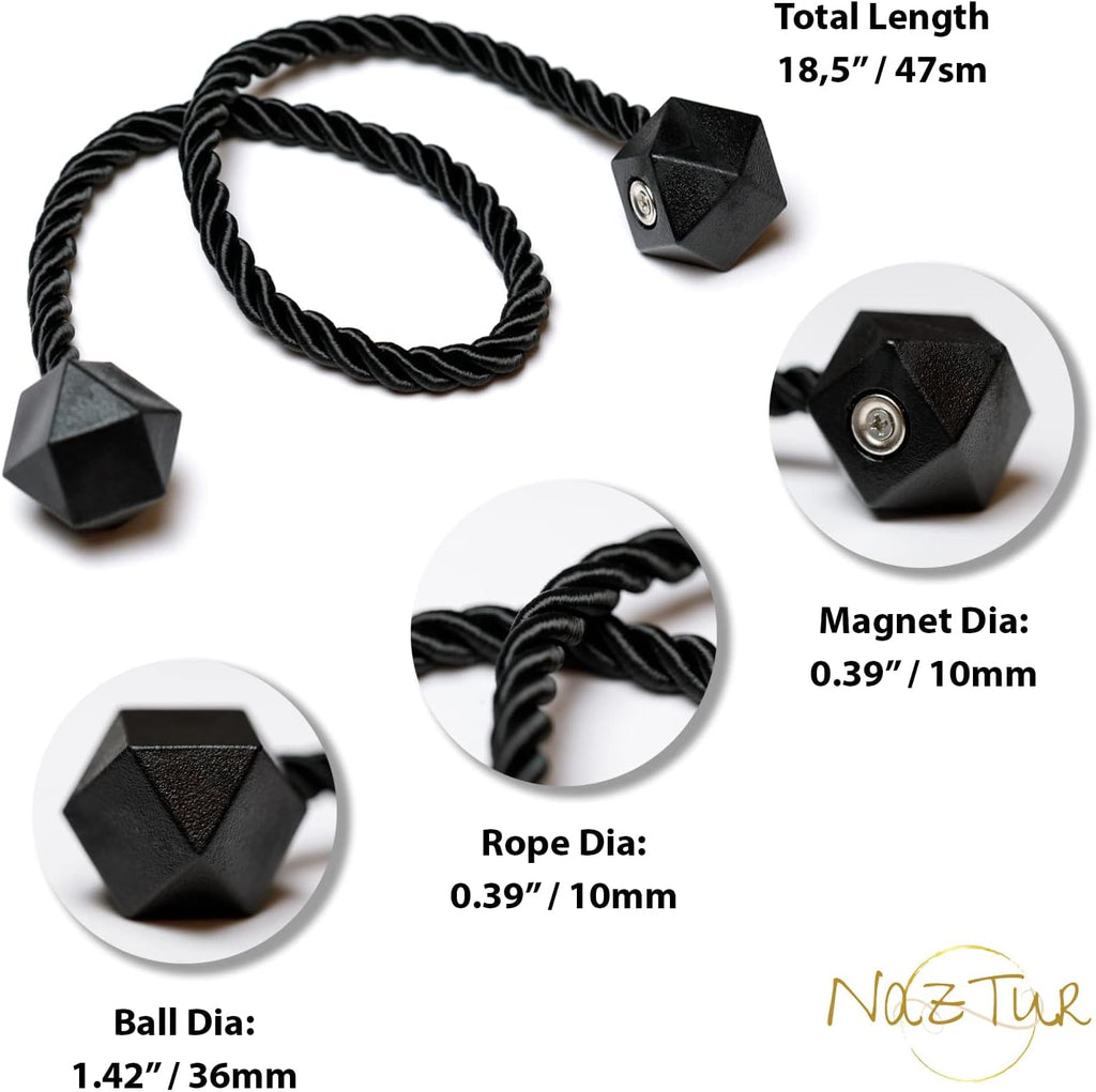 NazTur Magnetic Curtain Tiebacks- Upgrade 2022 with a Thicker Twist Rope & Strong Magnet Tieback Window Treatment Holdbacks Draperies Holders Decorative Drape Handmade Tie Back (Black, 2)