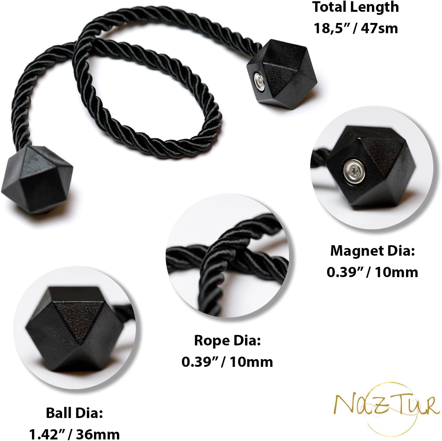 NazTur Magnetic Curtain Tiebacks- Upgrade 2022 with a Thicker Twist Rope & Strong Magnet Tieback Window Treatment Holdbacks Draperies Holders Decorative Drape Handmade Tie Back (Black, 2)