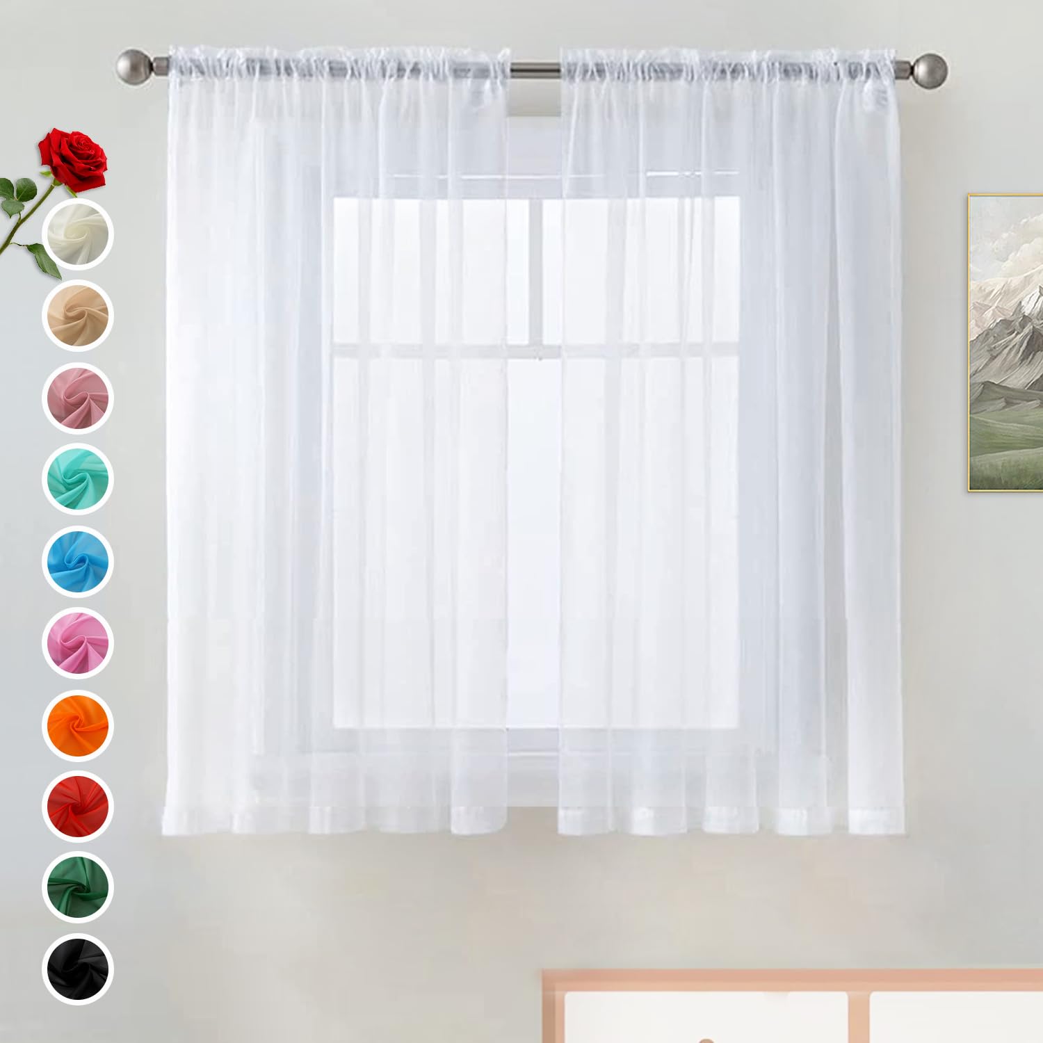 SpaceDresser Basic Rod Pocket Sheer Voile Window Curtain Panels White 1 Pair 2 Panels 52 Width 84 Inch Long for Kitchen Bedroom Children Living Room Yard(White,52 W x 84 L)