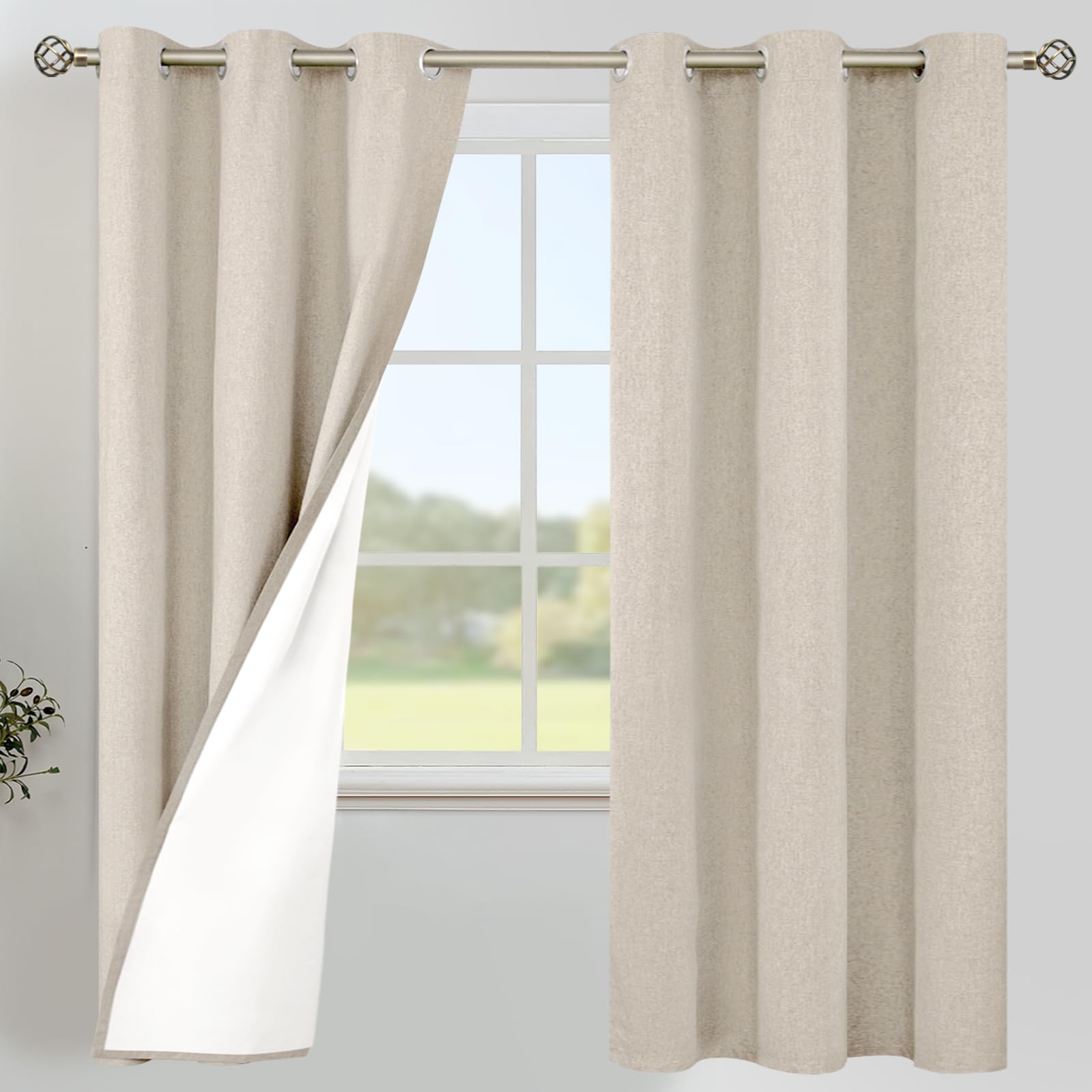 YoungsTex Linen Blackout Curtains 63 Inches Long for Bedroom, Room Darkening Window Drapes with Grommet Thermal Insulated Black Out for Living Room, 2 Panels, 52 X 63 Inch