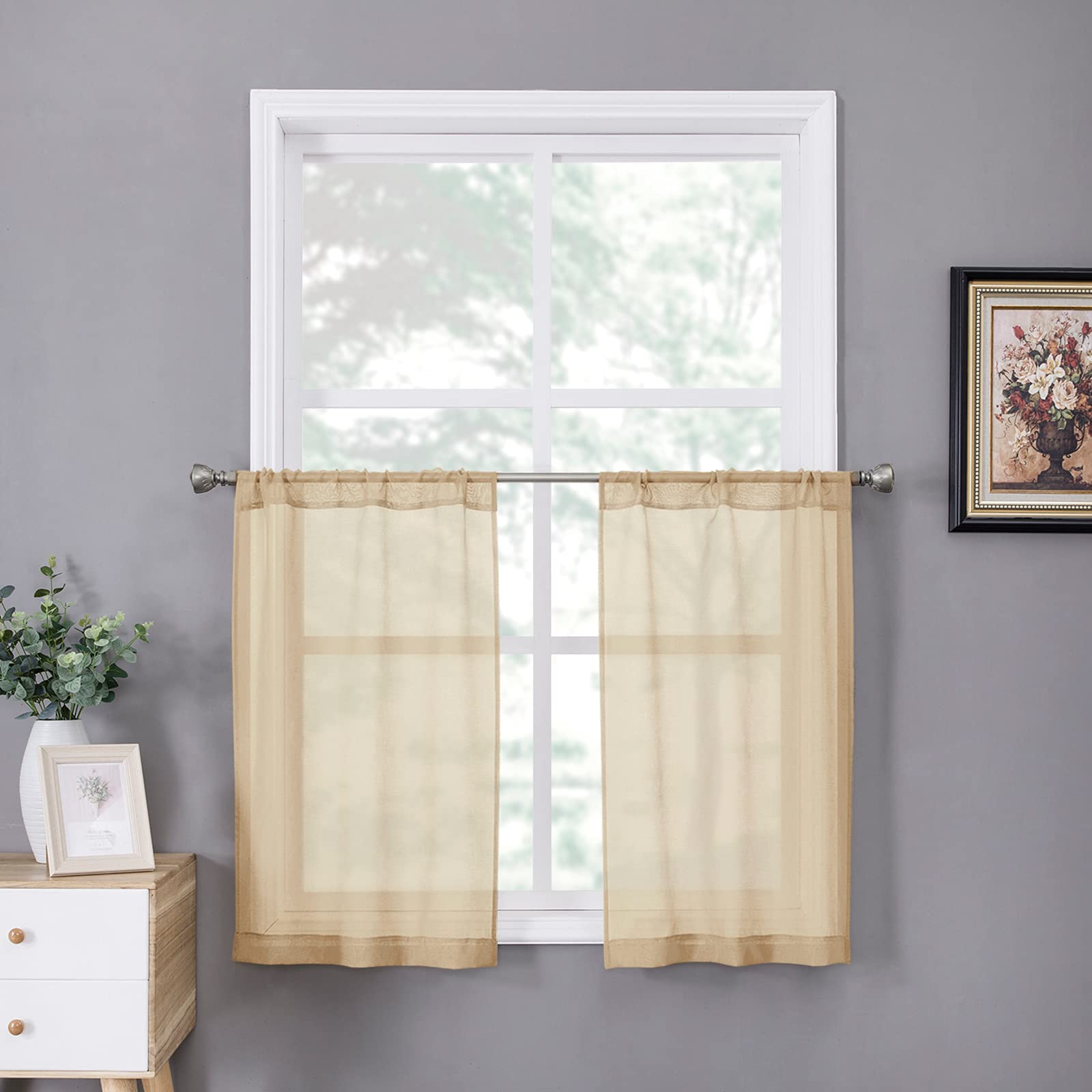 Tollpiz Short Sheer Curtains Linen Textured Bedroom Curtain Sheers Light Filtering Rod Pocket Voile Curtains for Living Room, 54 x 45 inches Long, White, Set of 2 Panels