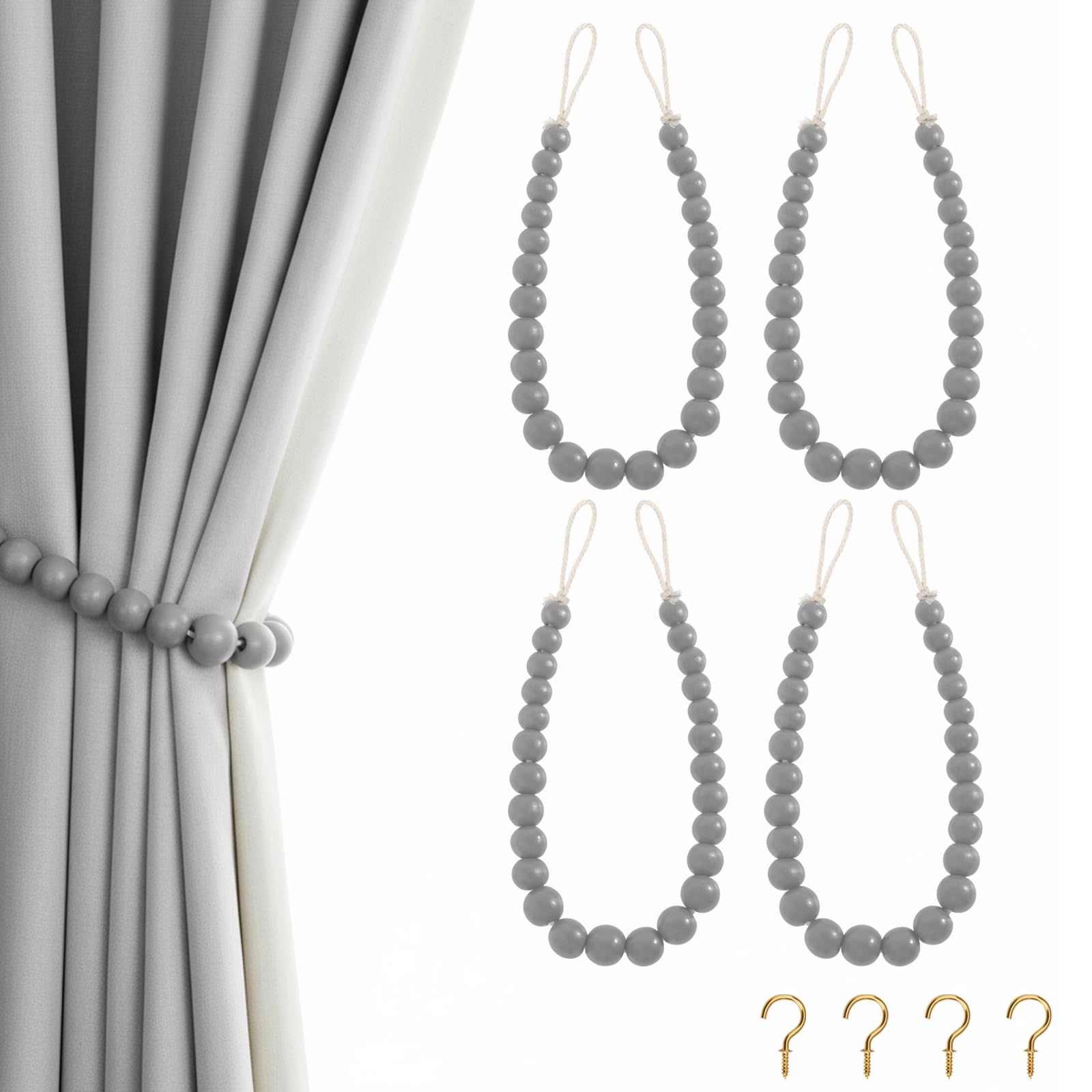 Hion 2 Pcs Boho Curtain Tiebacks,Wood Beads Curtain Holdbacks,Outdoor Farmhouse Tie Backs for Curtains,Curtain Holders for Drapes Home Office Decor with Hooks(Wood Color)