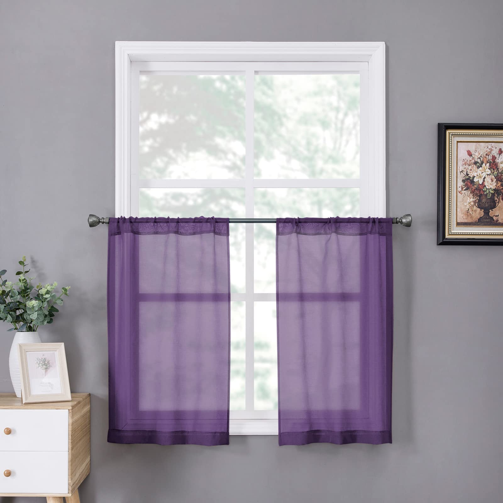 Tollpiz Short Sheer Curtains Linen Textured Bedroom Curtain Sheers Light Filtering Rod Pocket Voile Curtains for Living Room, 54 x 45 inches Long, White, Set of 2 Panels