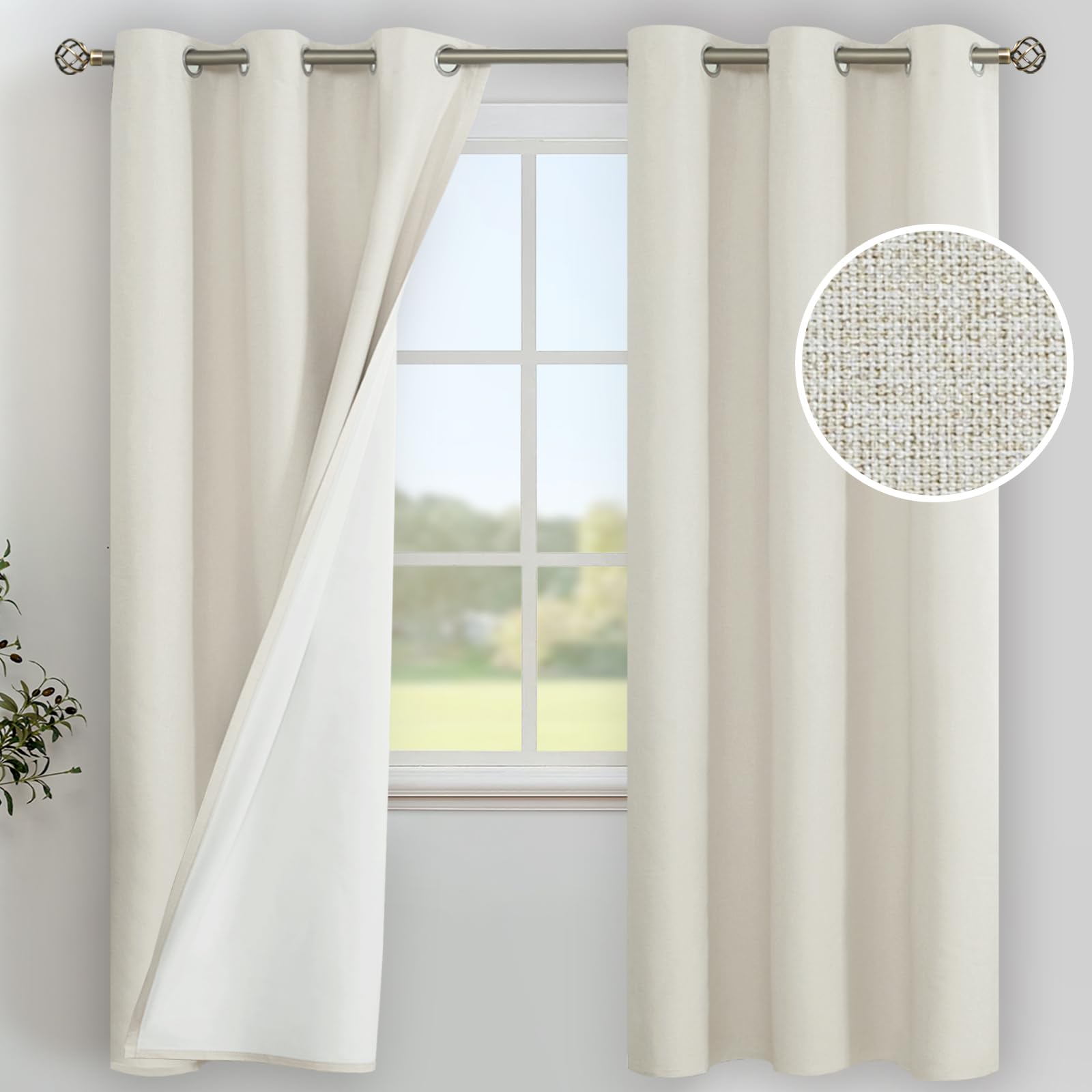 YoungsTex Linen Blackout Curtains 63 Inches Long for Bedroom, Room Darkening Window Drapes with Grommet Thermal Insulated Black Out for Living Room, 2 Panels, 52 X 63 Inch