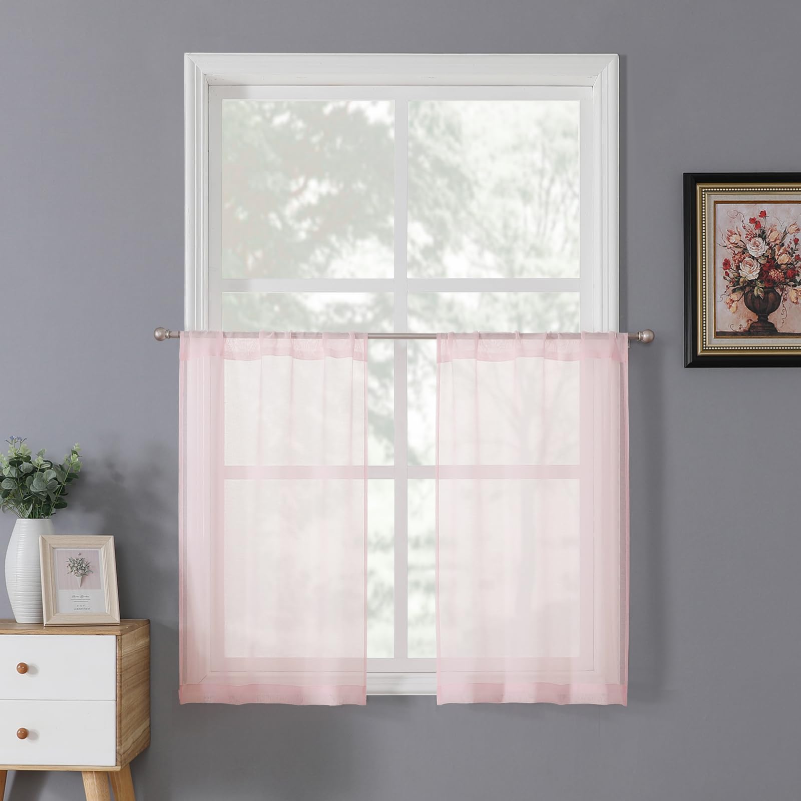 Tollpiz Short Sheer Curtains Linen Textured Bedroom Curtain Sheers Light Filtering Rod Pocket Voile Curtains for Living Room, 54 x 45 inches Long, White, Set of 2 Panels