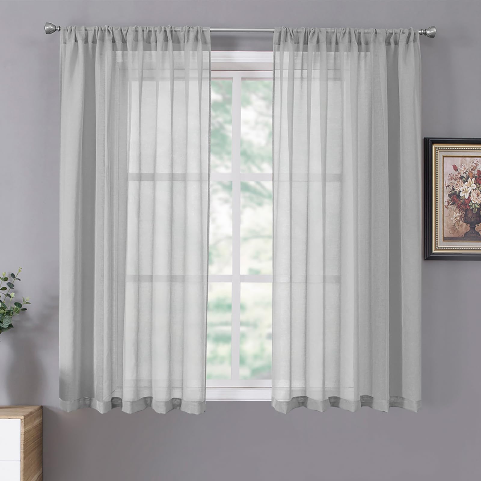 Tollpiz Short Sheer Curtains Linen Textured Bedroom Curtain Sheers Light Filtering Rod Pocket Voile Curtains for Living Room, 54 x 45 inches Long, White, Set of 2 Panels