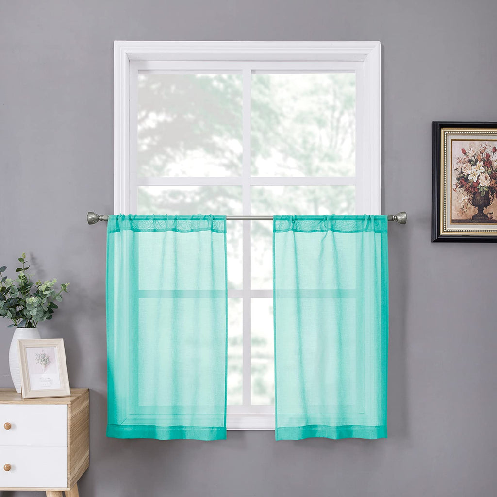 Tollpiz Short Sheer Curtains Linen Textured Bedroom Curtain Sheers Light Filtering Rod Pocket Voile Curtains for Living Room, 54 x 45 inches Long, White, Set of 2 Panels