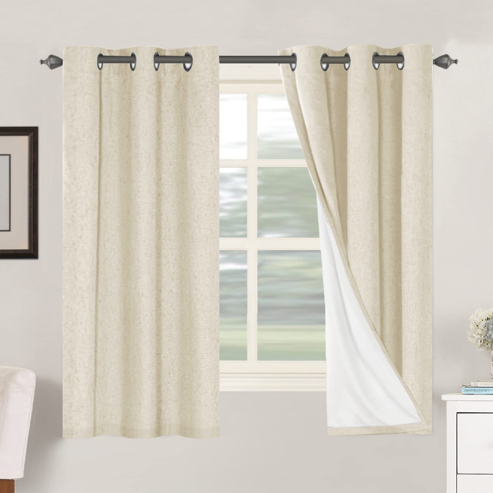 H.VERSAILTEX 100% Blackout Curtains Ivory, Linen Blackout Curtains 96 inch Curtains 2 Panel Set, Elegant Curtain for Bedroom Grommet Drapes for Living Room