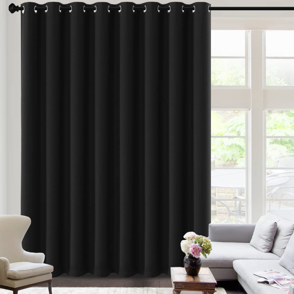 H.VERSAILTEX Blackout Patio Curtains 100 x 96 Inches for Sliding Door Extral Wide Blackout Curtain Panels Thermal Insulated Room Divider - Grommet Top, 8' Tall by 8.5' Wide - Jet Black