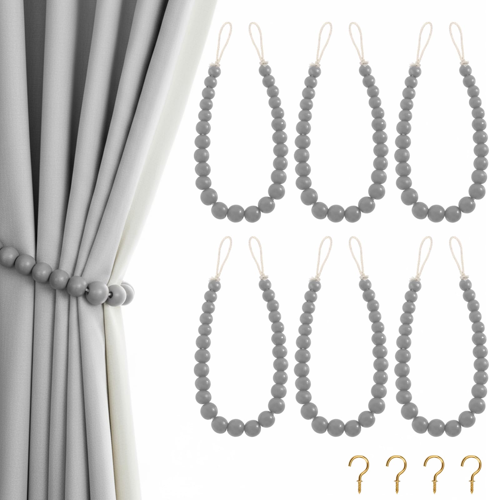 Hion 2 Pcs Boho Curtain Tiebacks,Wood Beads Curtain Holdbacks,Outdoor Farmhouse Tie Backs for Curtains,Curtain Holders for Drapes Home Office Decor with Hooks(Wood Color)