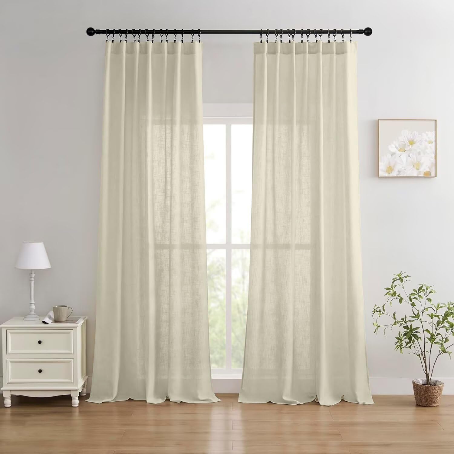 Joydeco Curtains, 108 Inches Long, 2 Panels Set, Farmhouse Drapes for Living Room, Semi-Blackout, Linen-Polyester, Ivory on Linen, Rod Pocket