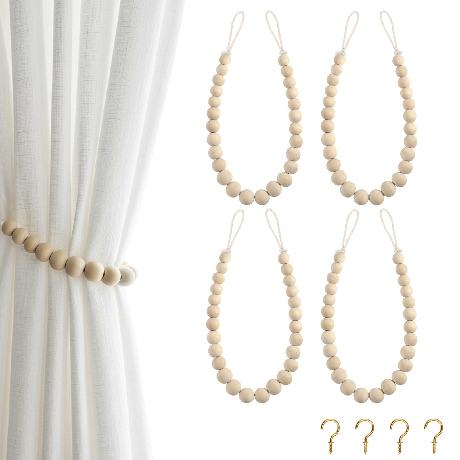 Hion 2 Pcs Boho Curtain Tiebacks,Wood Beads Curtain Holdbacks,Outdoor Farmhouse Tie Backs for Curtains,Curtain Holders for Drapes Home Office Decor with Hooks(Wood Color)