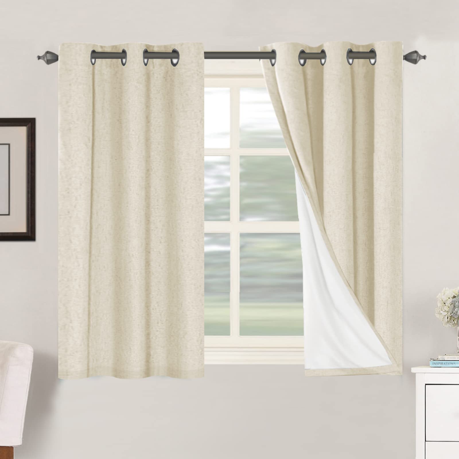 H.VERSAILTEX 100% Blackout Curtains Ivory, Linen Blackout Curtains 96 inch Curtains 2 Panel Set, Elegant Curtain for Bedroom Grommet Drapes for Living Room