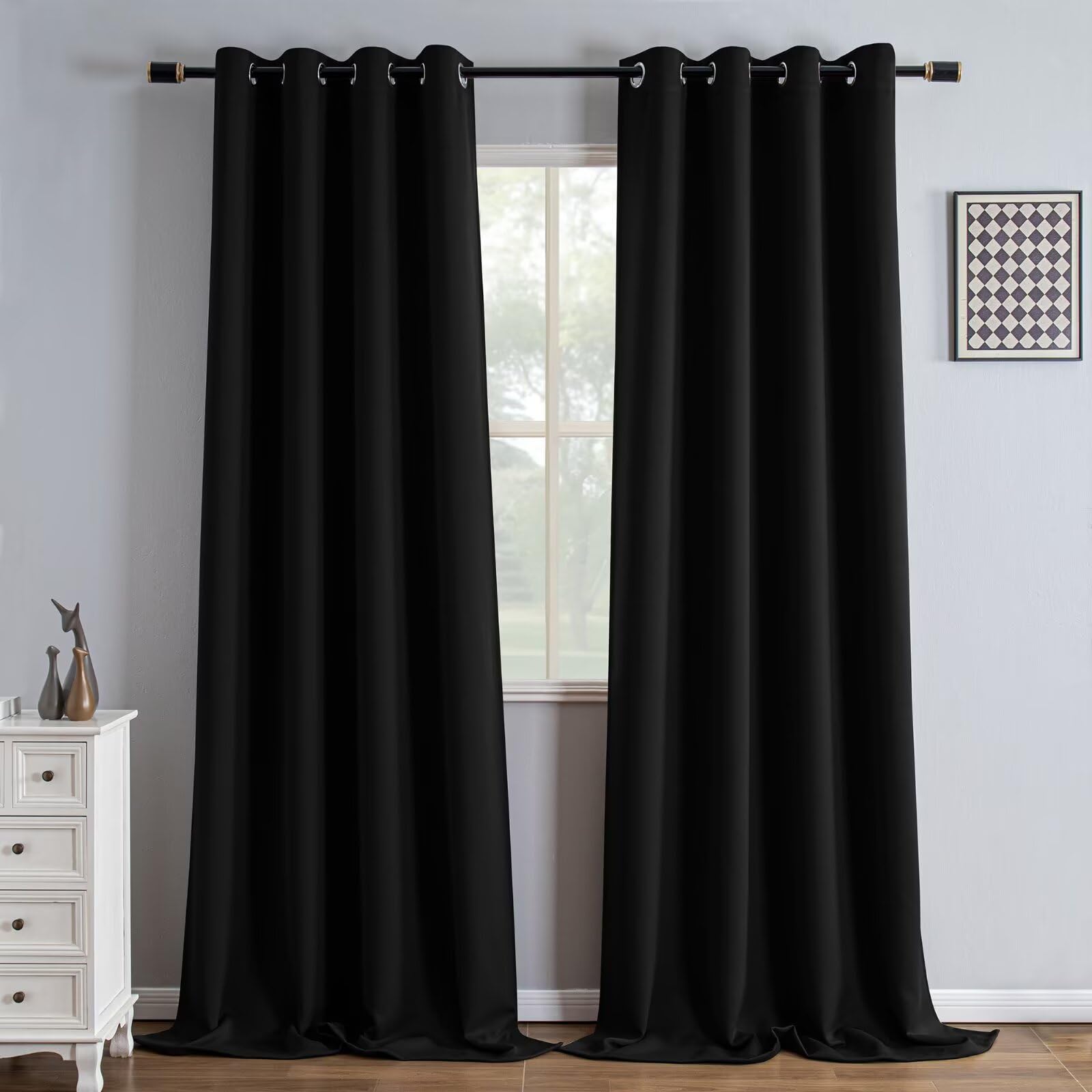 IGEMAEVE Black 100% Blackout Curtains 84 Inch Length 2 Panels Set, Black Out Curtains for Bedroom 84 Inch Long, Rod Pocket Energy Saving Room Darkening Drapes for Living Room Dining Room Window
