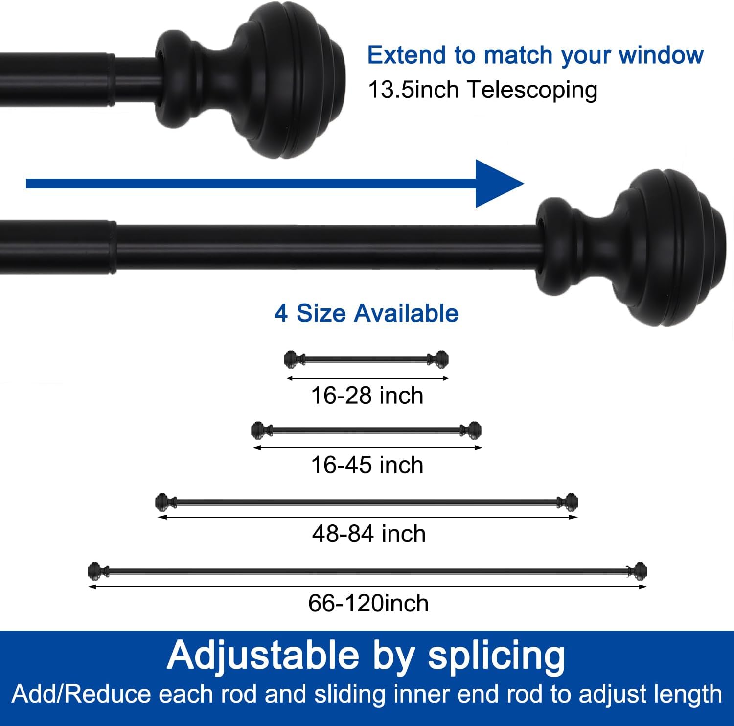 Curtain Rods for Windows 48-84 inch,3/4 inch Heavy Duty Adjustable Decorative Curtain Rod with Modern Finials,2 Pack Window Rods for Bedroom, Living Room,Patio and Kitchen