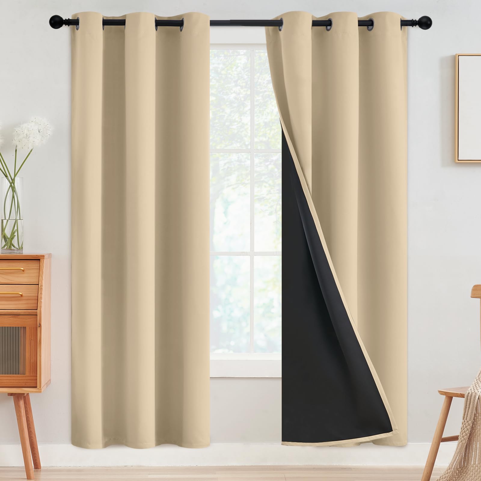 SimpleHome 100% Blackout Curtains for Bedroom,Thermal Insulated Grommet Window Drapes Room Darkening Cream Curtains for Living Room with Black Back,52 x 84 Inch,2 Panels