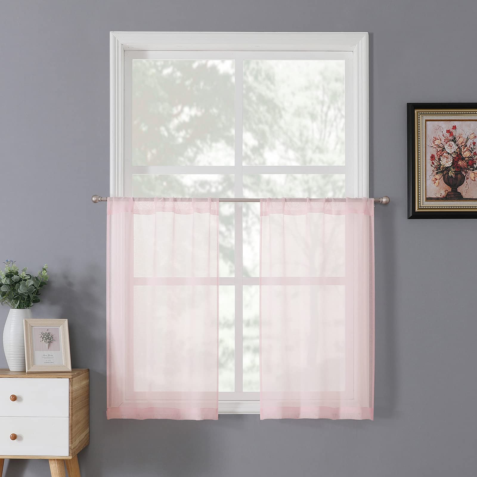 Tollpiz Short Sheer Curtains Linen Textured Bedroom Curtain Sheers Light Filtering Rod Pocket Voile Curtains for Living Room, 54 x 45 inches Long, White, Set of 2 Panels