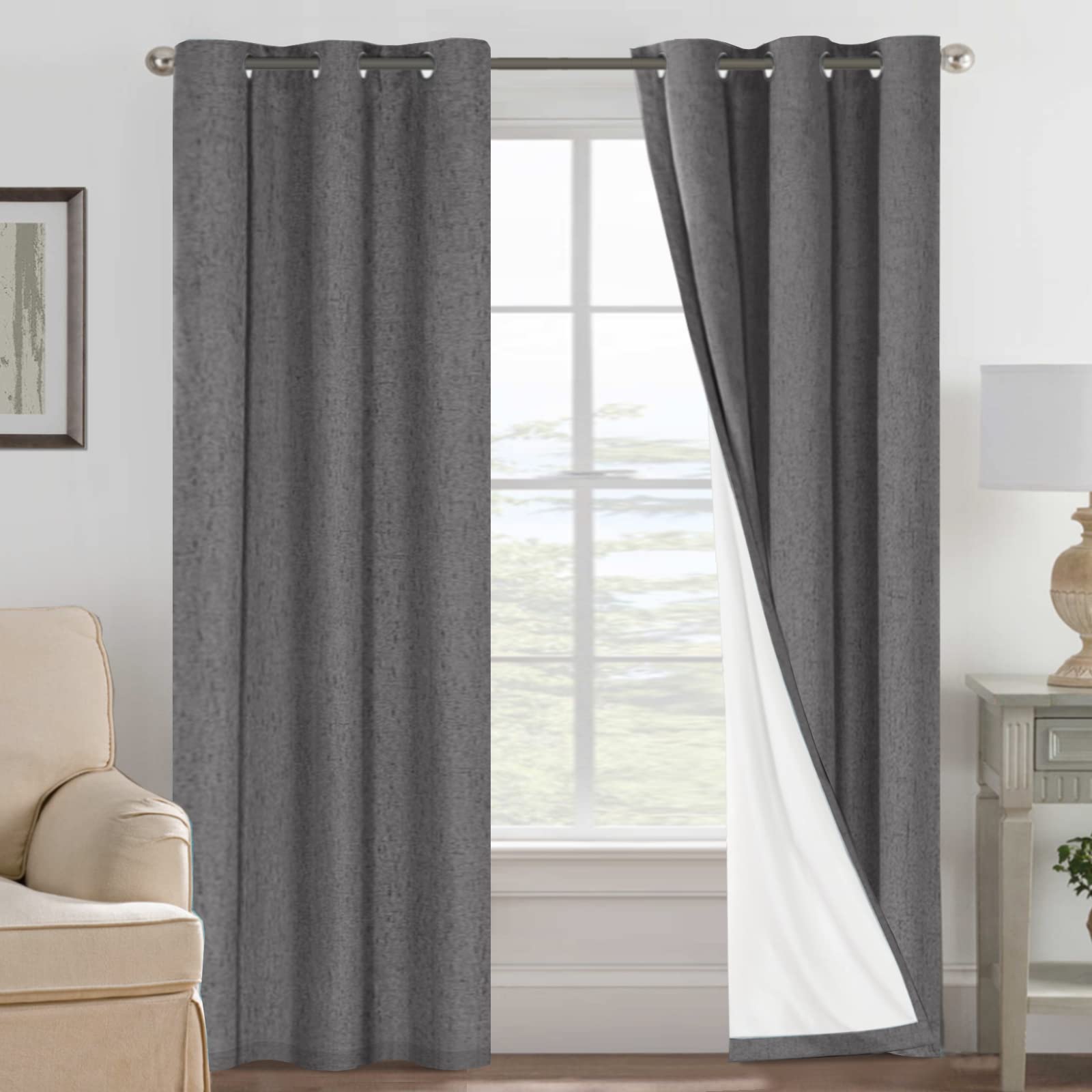 H.VERSAILTEX 100% Blackout Curtains Ivory, Linen Blackout Curtains 96 inch Curtains 2 Panel Set, Elegant Curtain for Bedroom Grommet Drapes for Living Room