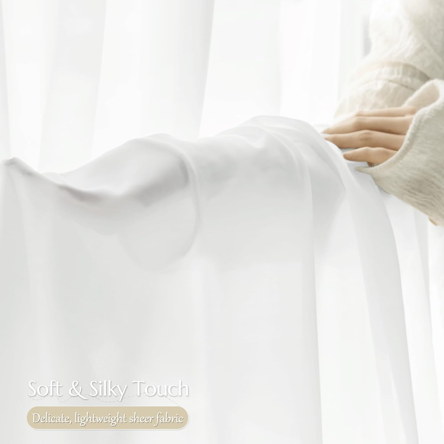 Beauoop Soft White Semi Sheer Curtains 84 Inches Long 2 Panels for Living Room Bedroom Faux Silk Light Filtering Non-See-Through Privacy Airy Rod Pocket Voile Window Treatment Drapes, 52x84 Set of 2