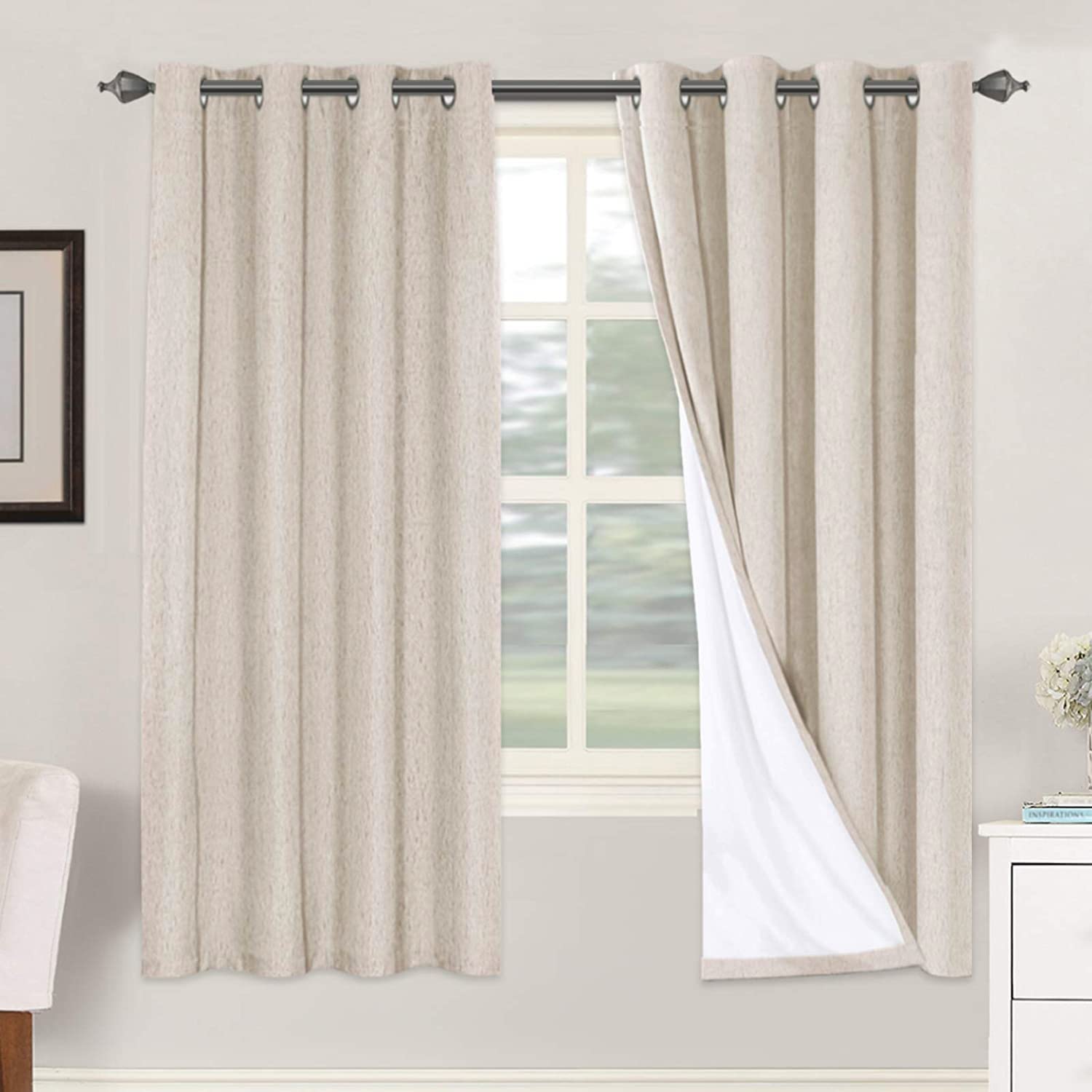H.VERSAILTEX 100% Blackout Curtains Ivory, Linen Blackout Curtains 96 inch Curtains 2 Panel Set, Elegant Curtain for Bedroom Grommet Drapes for Living Room