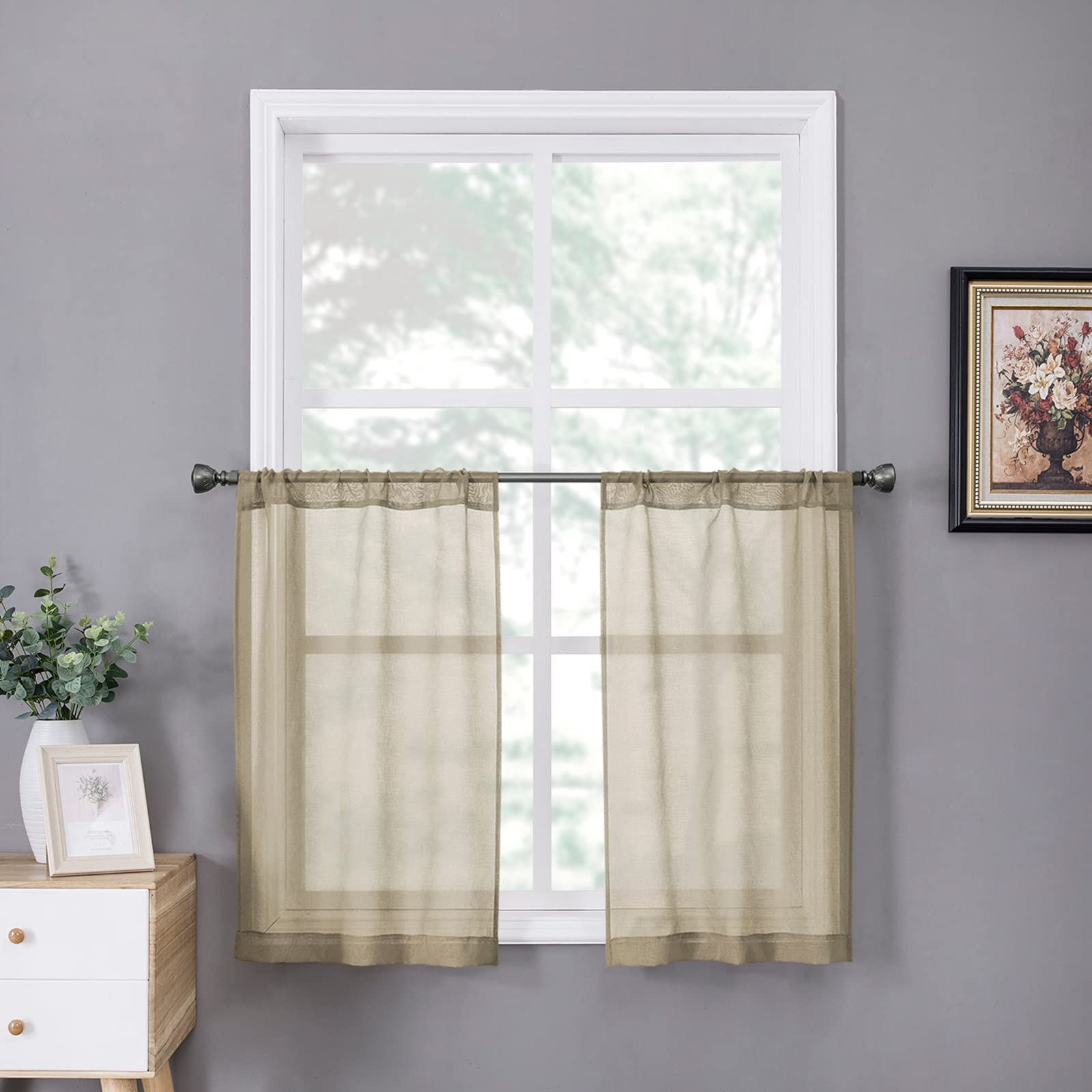 Tollpiz Short Sheer Curtains Linen Textured Bedroom Curtain Sheers Light Filtering Rod Pocket Voile Curtains for Living Room, 54 x 45 inches Long, White, Set of 2 Panels